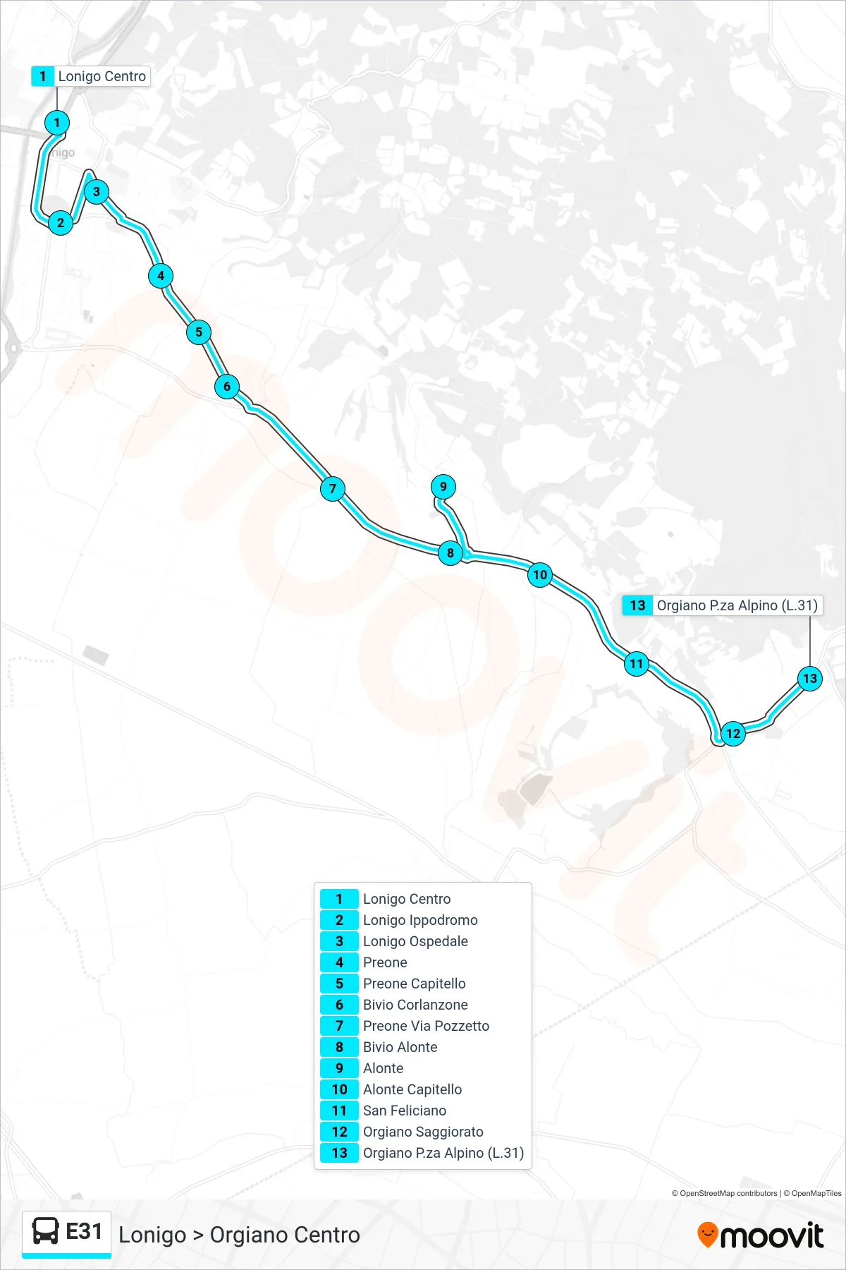 E31 bus Line (Lonigo to Orgiano Centro) route and stops on a map