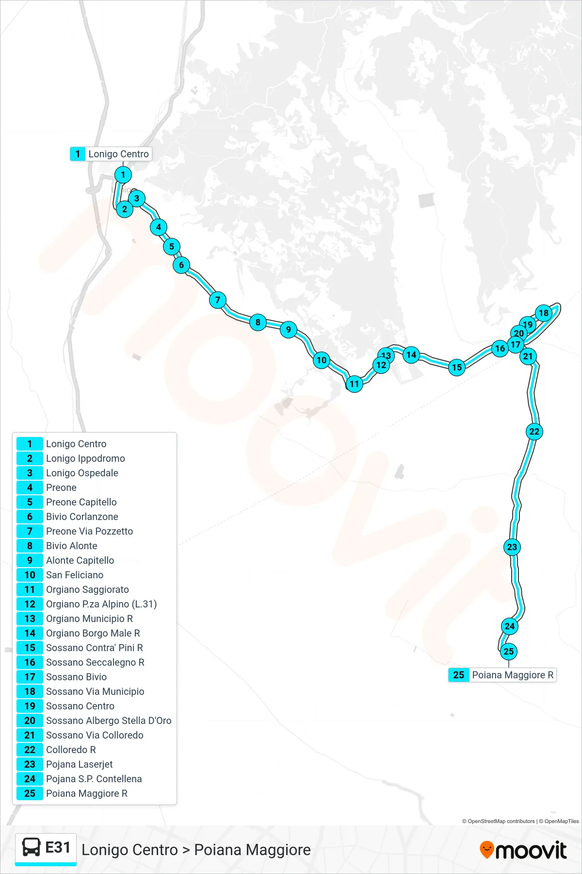 Linea E31 bus (Lonigo Centro > Poiana Maggiore) - Percorsi e fermate sulla mappa