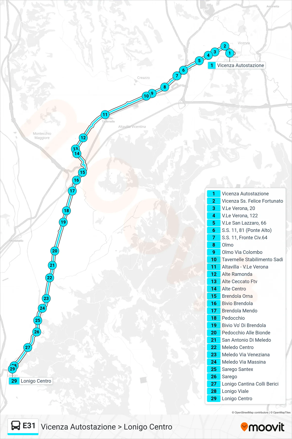 Linea E31 bus (Vicenza Autostazione > Lonigo Centro) - Percorsi e fermate sulla mappa