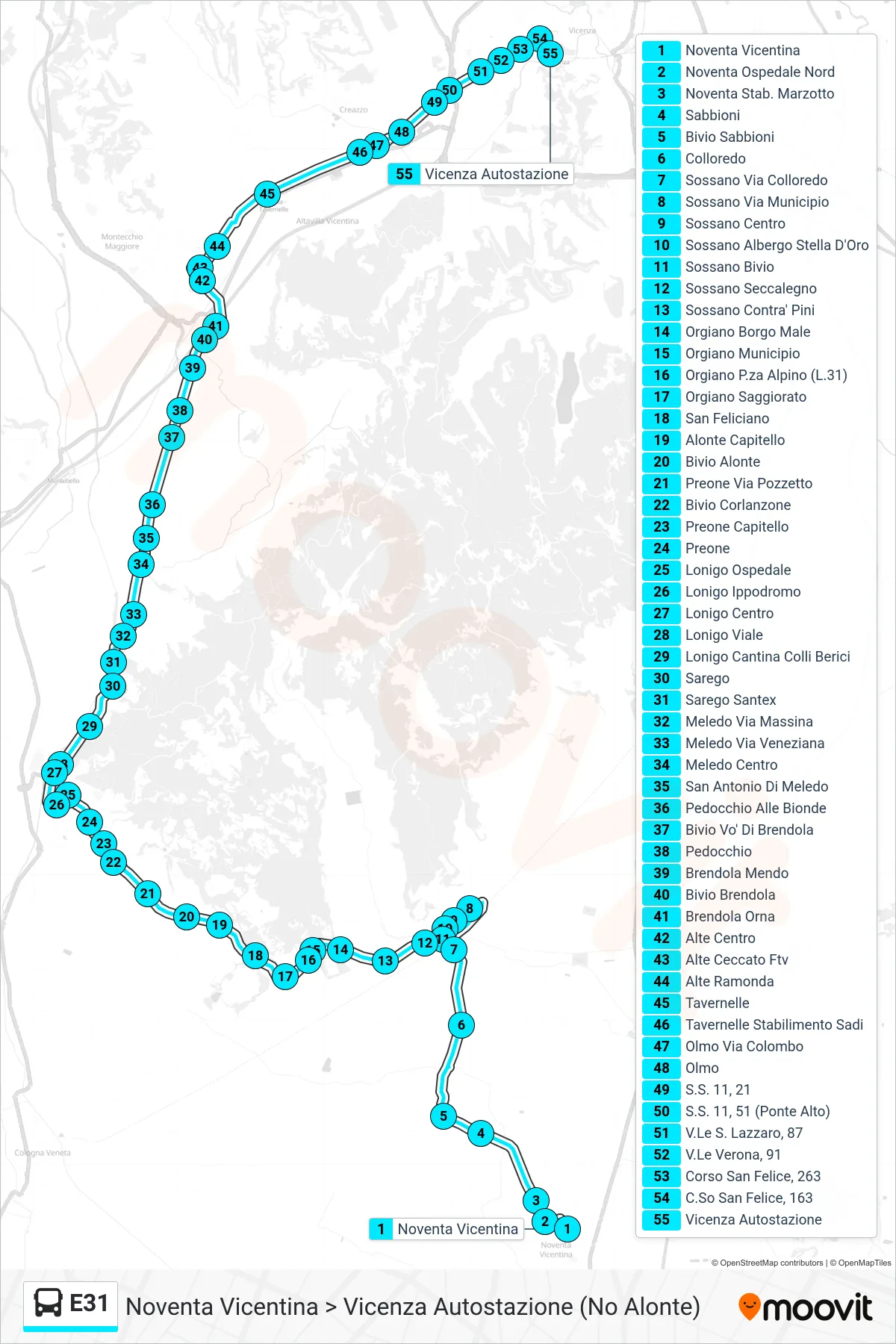 Linea E31  bus (Noventa Vicentina > Vicenza Autostazione (No Alonte)) - Percorsi e fermate sulla mappa
