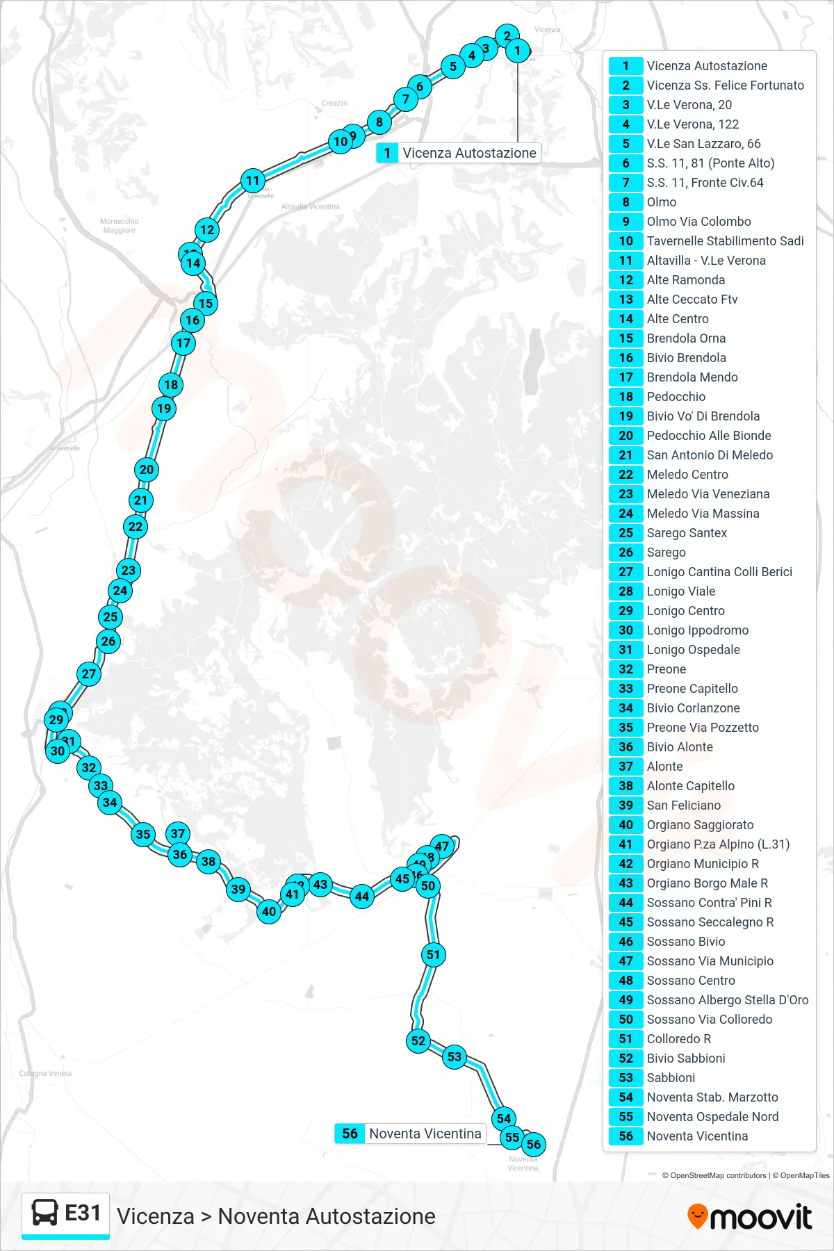 E31 bus Line (Vicenza > Noventa Bus Station) route and stops on a map