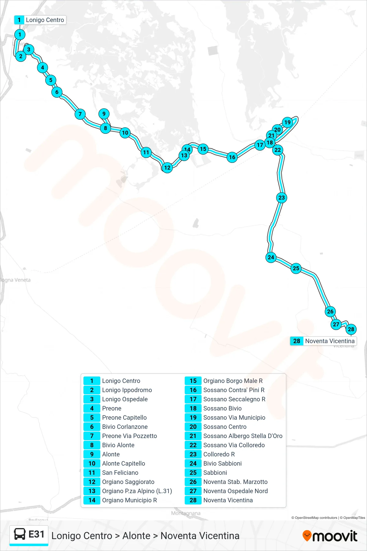 Linea E31 bus (Lonigo Centro > Alonte > Noventa Vicentina) - Percorsi e fermate sulla mappa