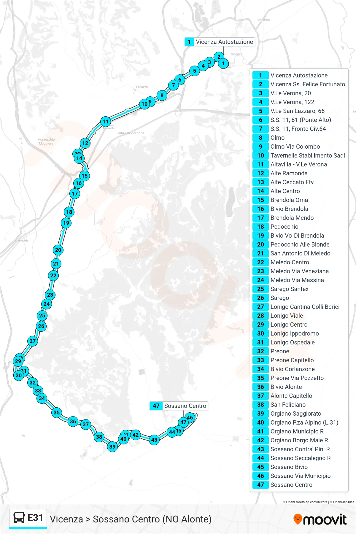 E31 bus Line (Vicenza > Sossano Center (NO Alonte)) route and stops on a map