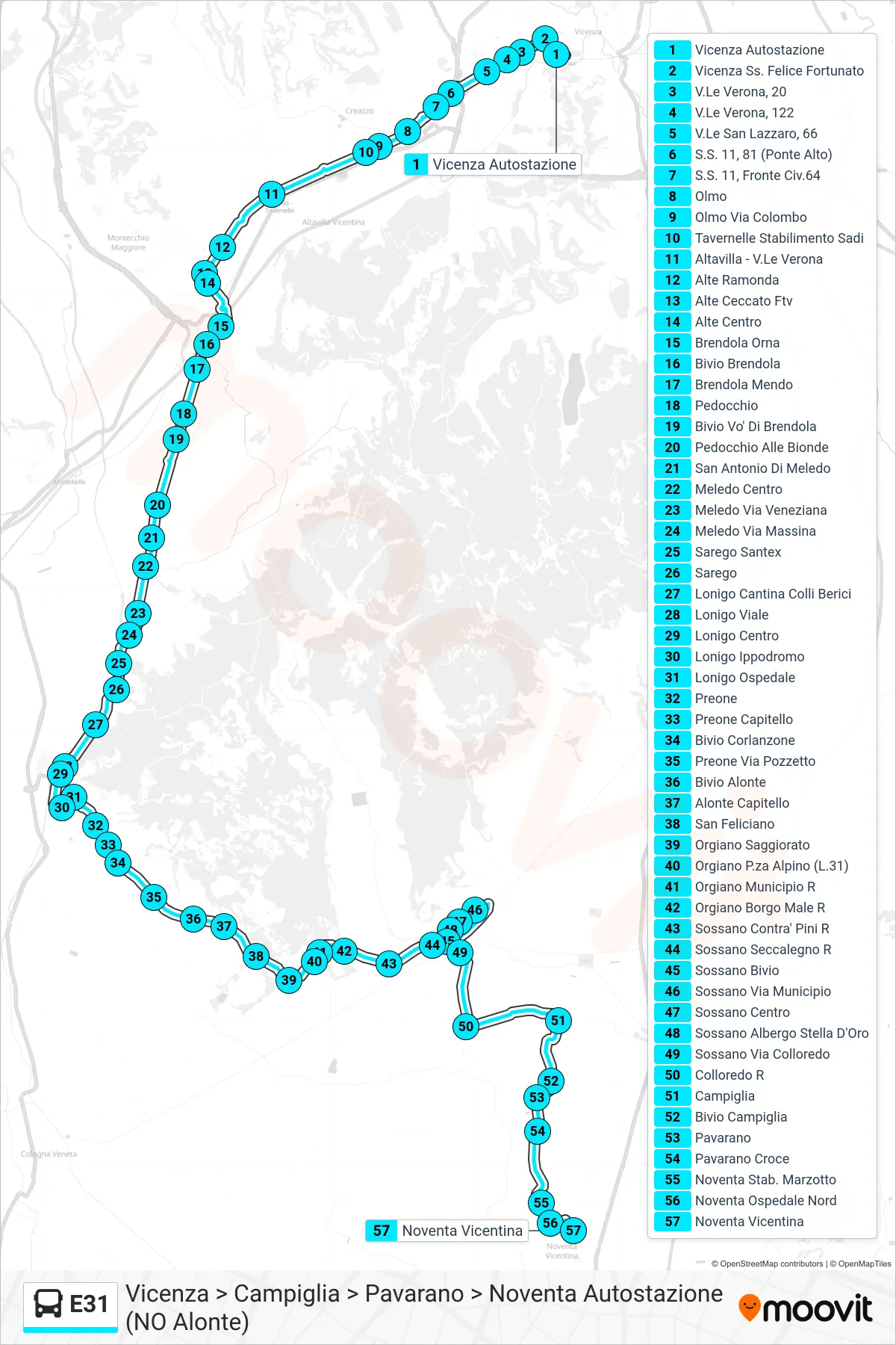 Linea E31 bus (Vicenza > Campiglia > Pavarano > Noventa Autostazione (NO Alonte)) - Percorsi e fermate sulla mappa