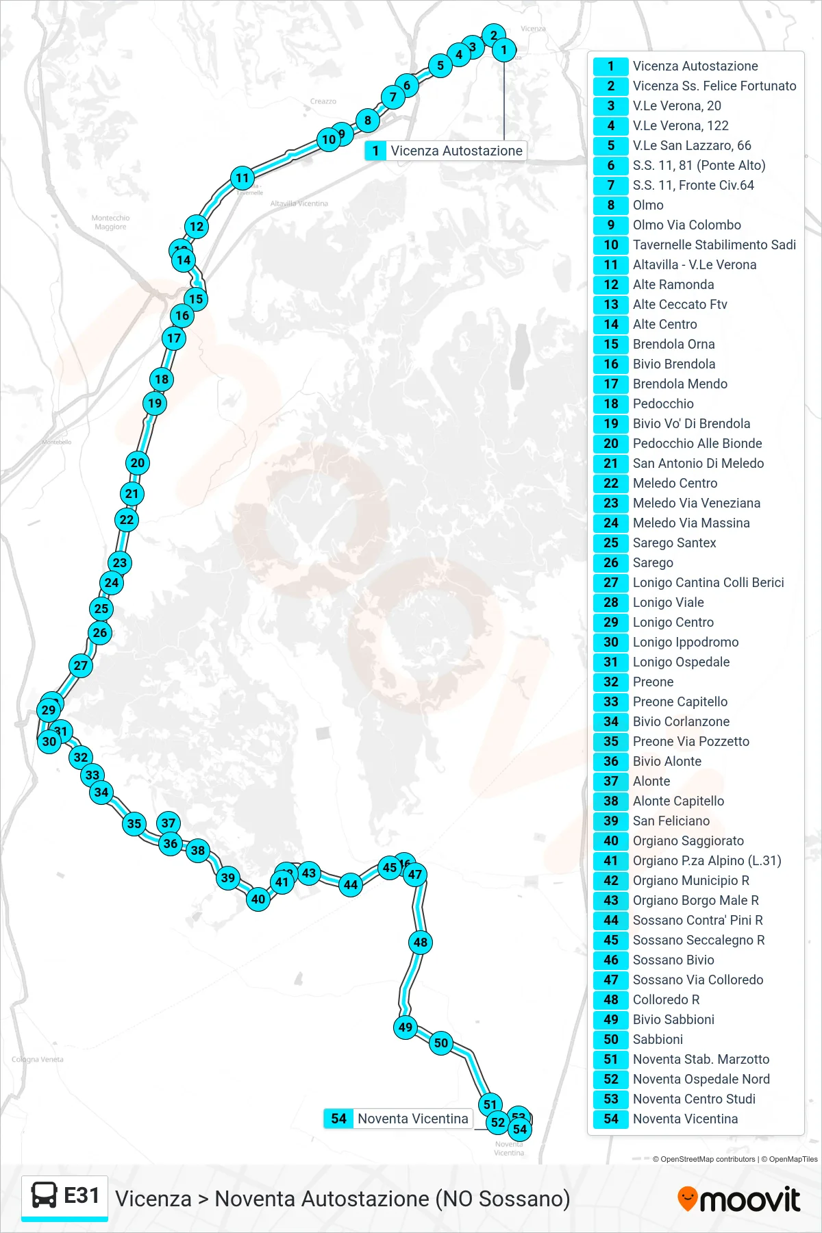 E31 bus Line (Vicenza > Noventa Bus Station (No Sossano)) route and stops on a map