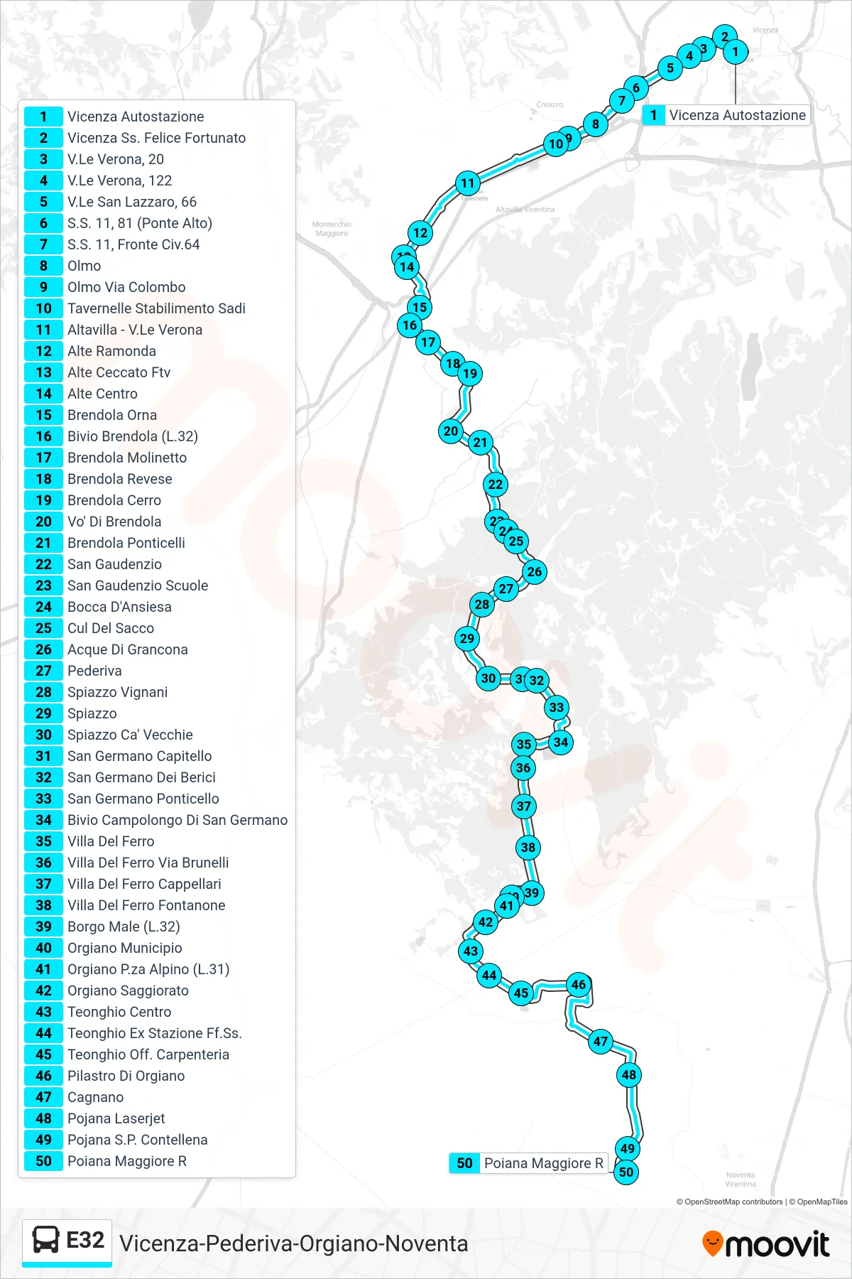 Linea E32 bus (Vicenza > Poiana Maggiore) - Percorsi e fermate sulla mappa