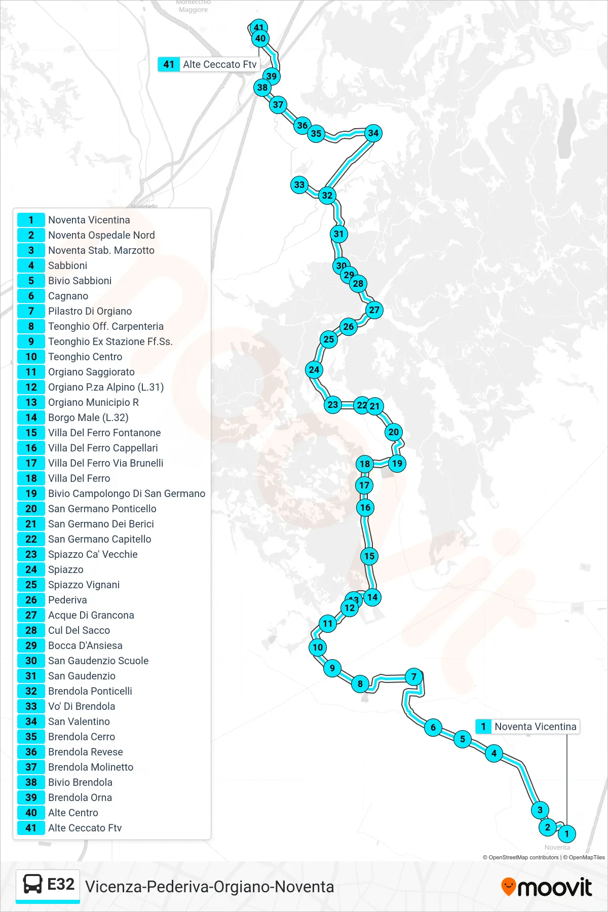 Linea E32 bus (Noventa > San Valentino > Alte Ceccato Ftv) - Percorsi e fermate sulla mappa