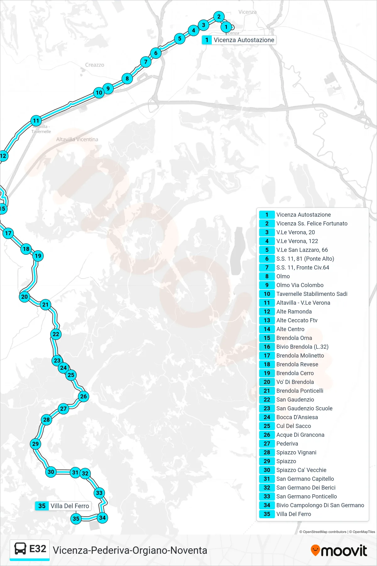 Linea E32 bus (Vicenza > Villa Del Ferro) - Percorsi e fermate sulla mappa
