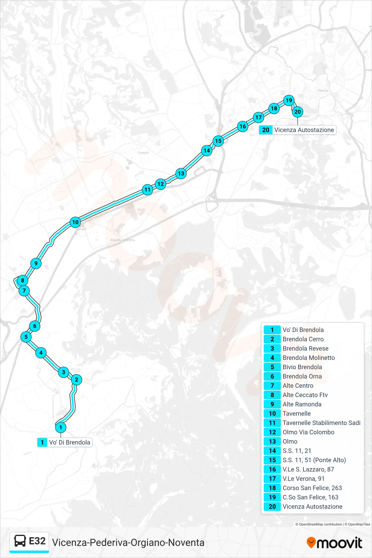 Linea E32  bus (Vo' Di Brendola > Vicenza Autostazione) - Percorsi e fermate sulla mappa