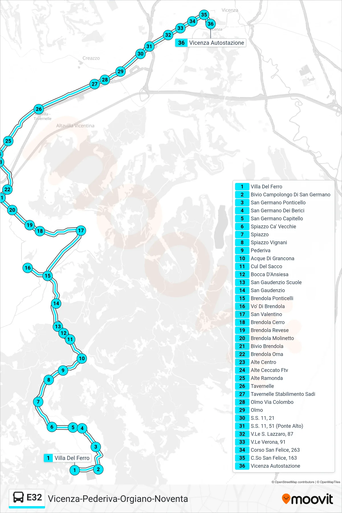 Linea E32  bus (Villa Del Ferro > San Valentino > Vicenza Autostazione) - Percorsi e fermate sulla mappa