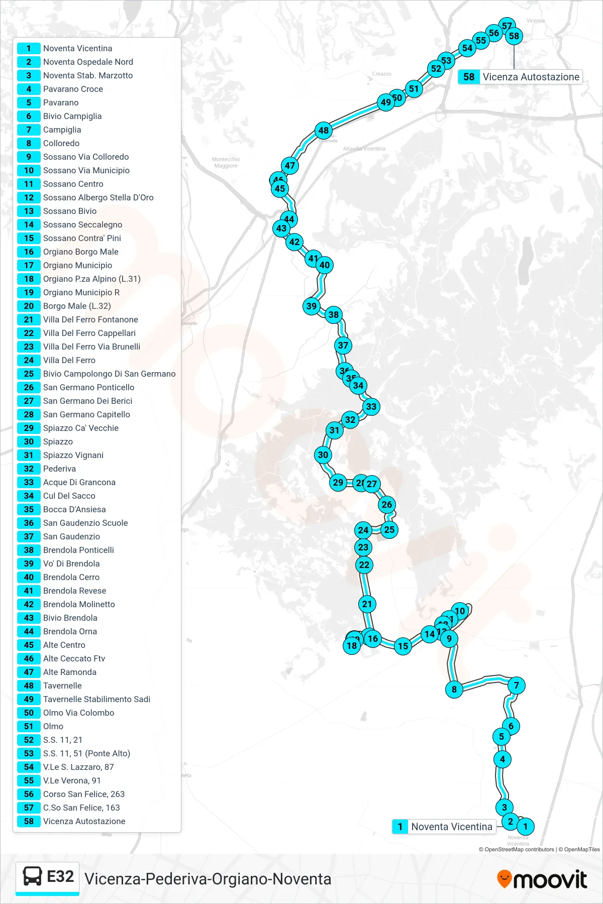 Linea E32  bus (Noventa > Campiglia > Sossano > Vicenza Autostazione) - Percorsi e fermate sulla mappa