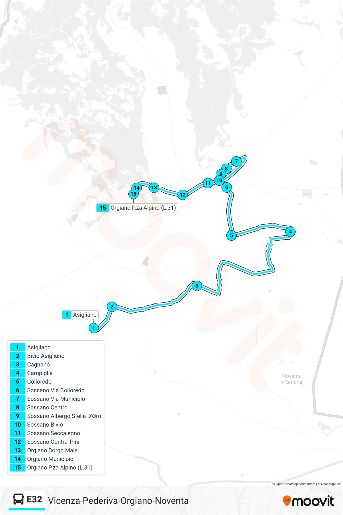 Linea E32 bus (Asigliano > Campiglia > Sossano > Orgiano Centro) - Percorsi e fermate sulla mappa