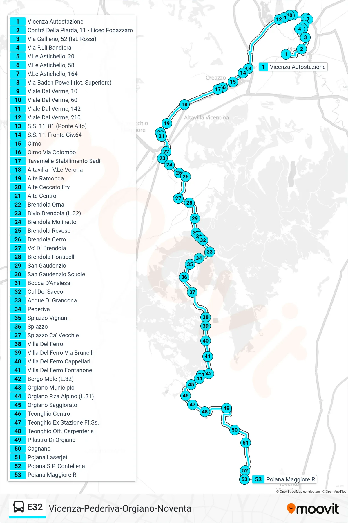 Linea E32 bus (Vicenza > Percorso Istituti Scolastici > Poiana Maggiore) - Percorsi e fermate sulla mappa