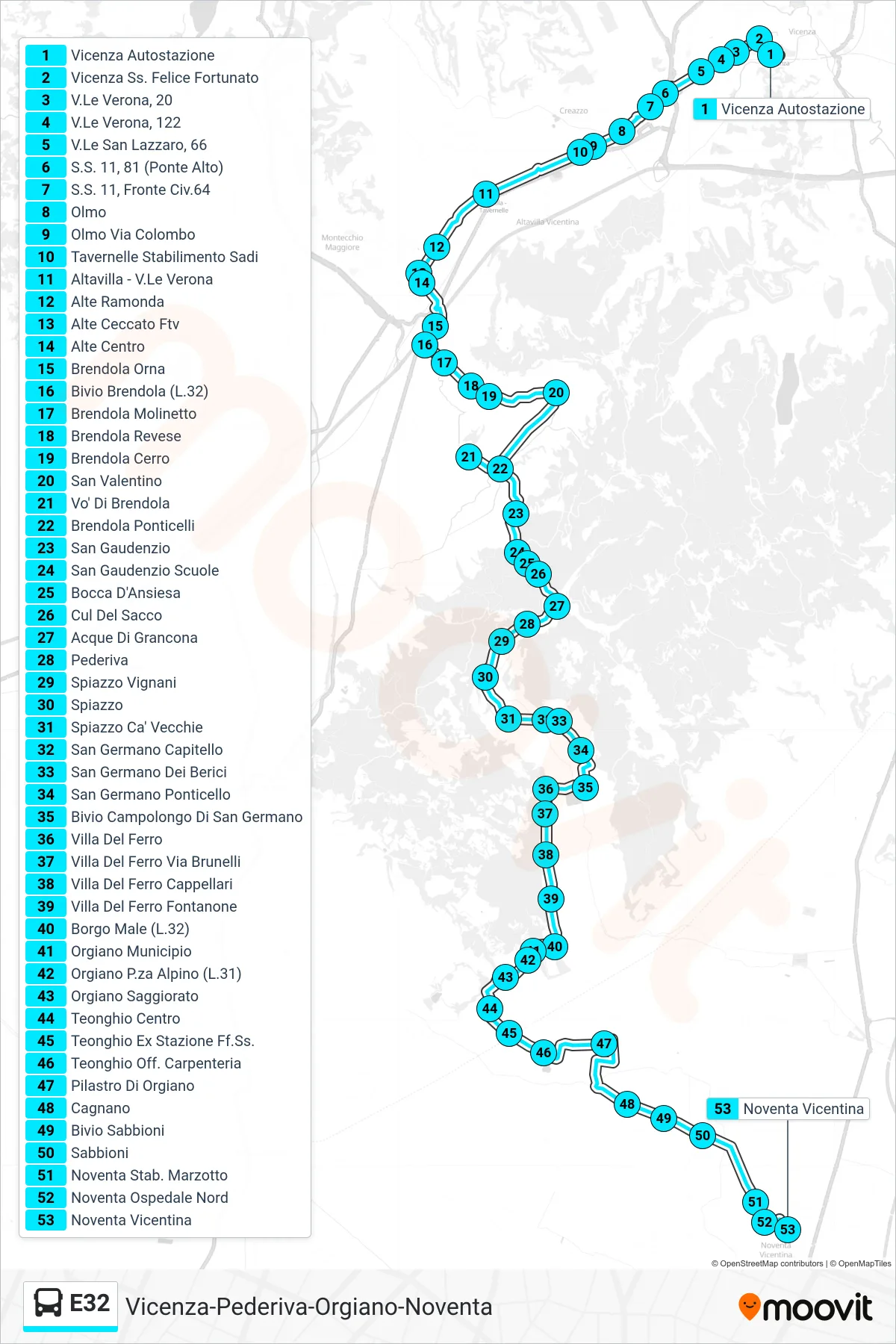 Linea E32 bus (Vicenza > San Valentino > Noventa Autostazione) - Percorsi e fermate sulla mappa
