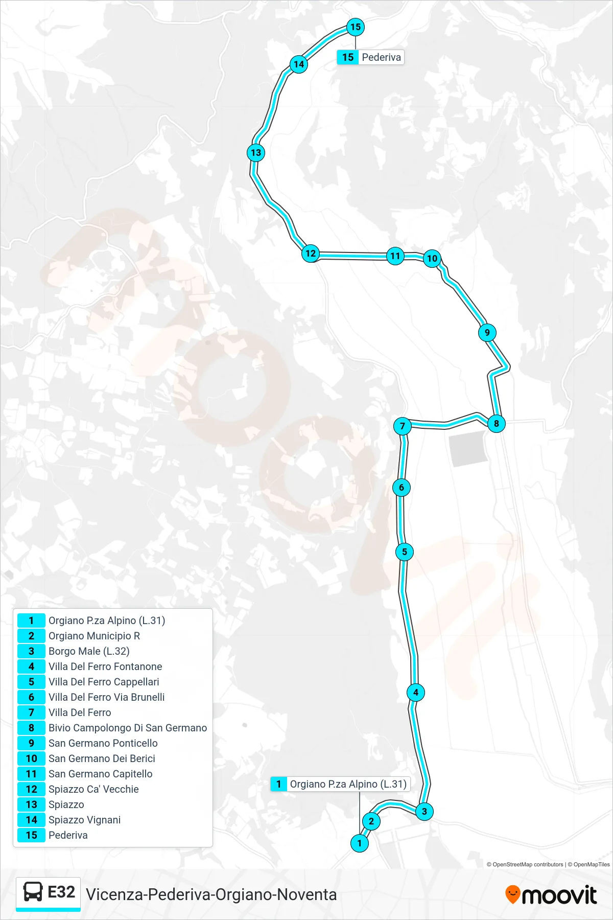 Linea E32 bus (Orgiano Centro > Pederiva) - Percorsi e fermate sulla mappa
