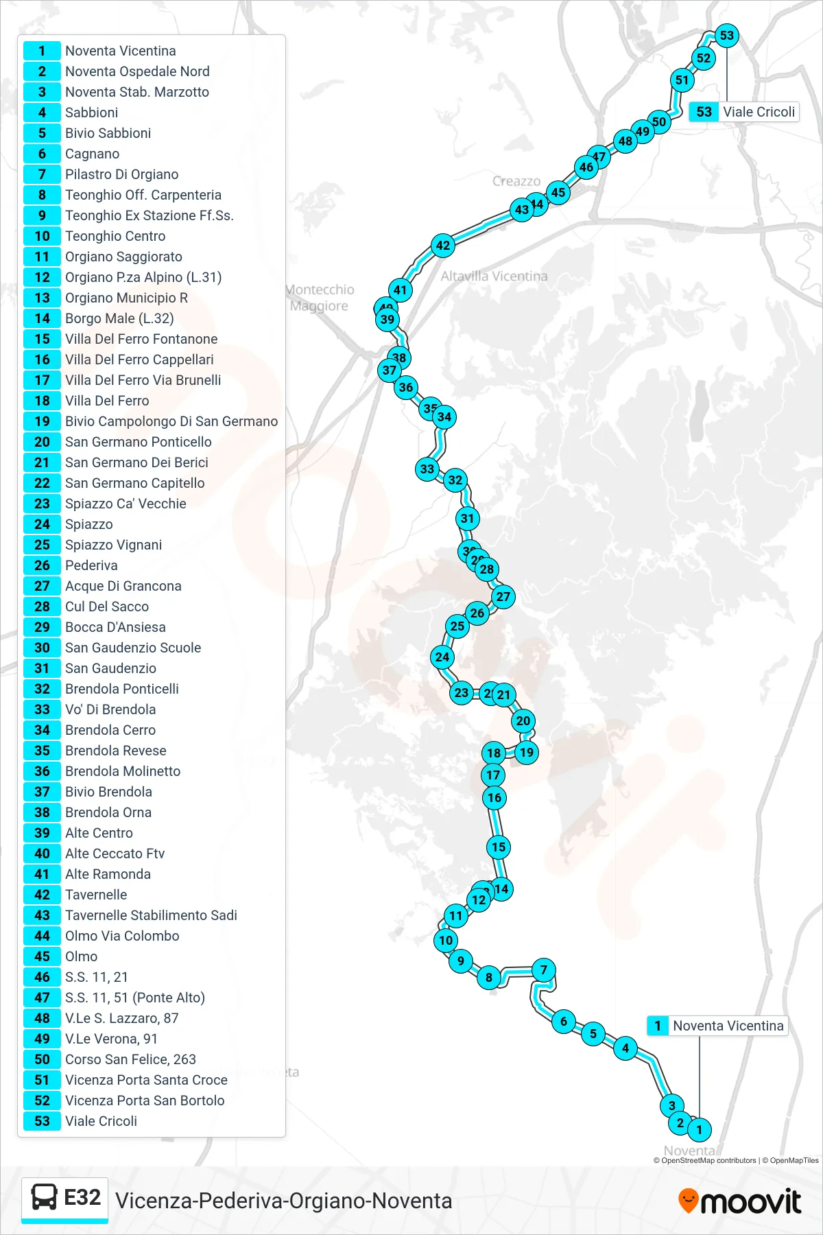 Linea E32 bus (Noventa > Vicenza V.Le Verona > Verona Ist. Baden Powell) - Percorsi e fermate sulla mappa