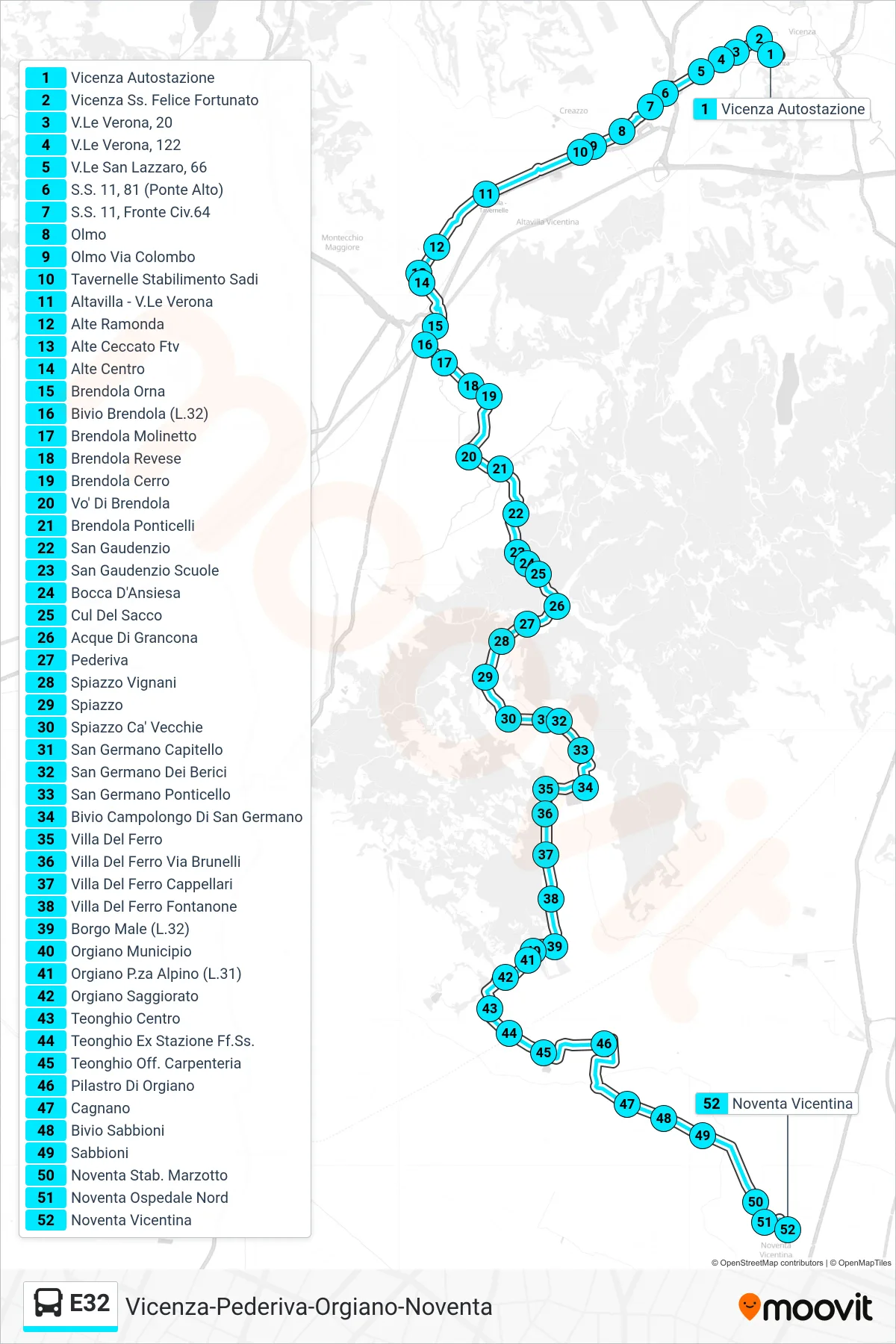 Linea E32 bus (Vicenza > Noventa Autostazione) - Percorsi e fermate sulla mappa