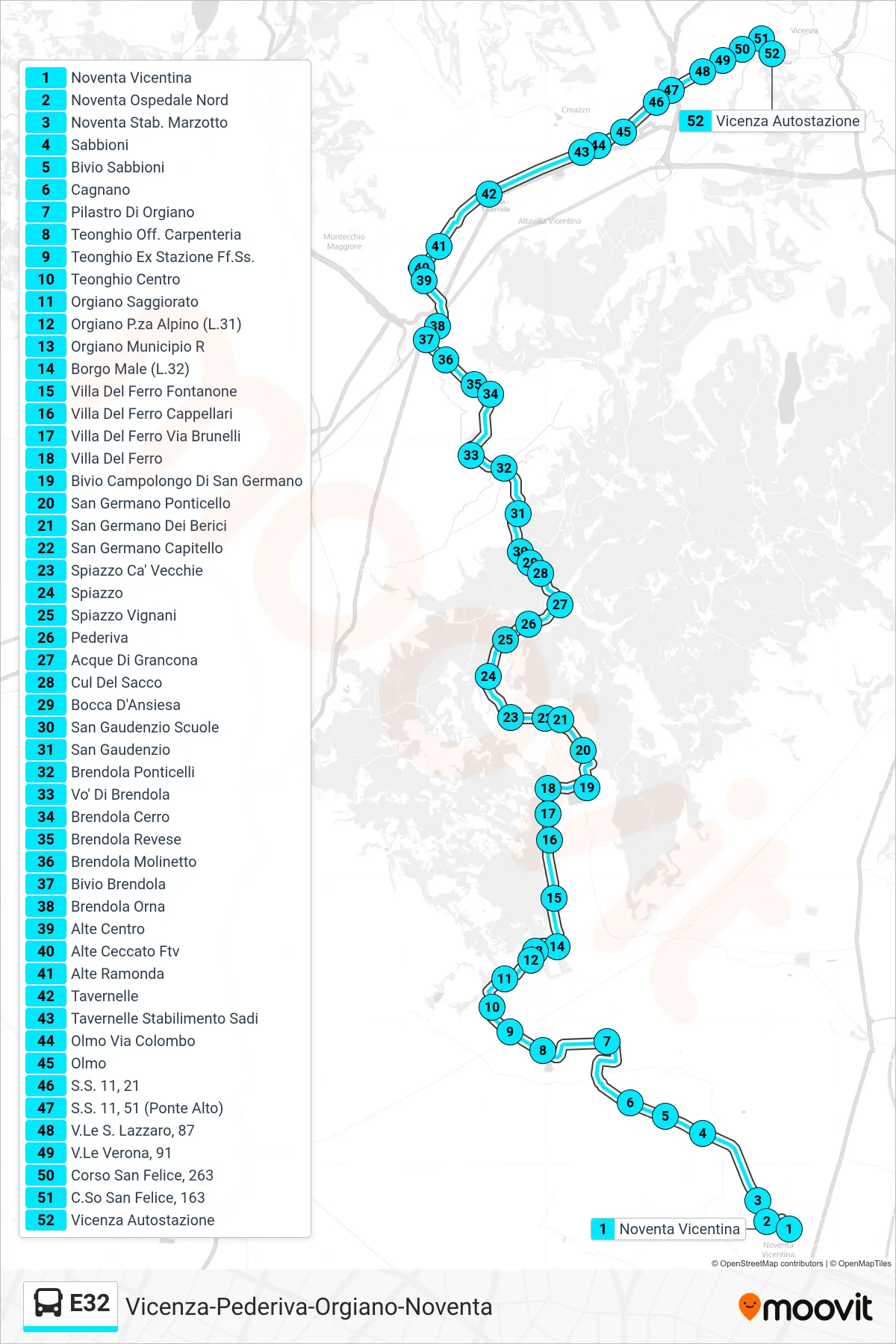 Linea E32 bus (Noventa Vicentina > Vicenza Autostazione) - Percorsi e fermate sulla mappa