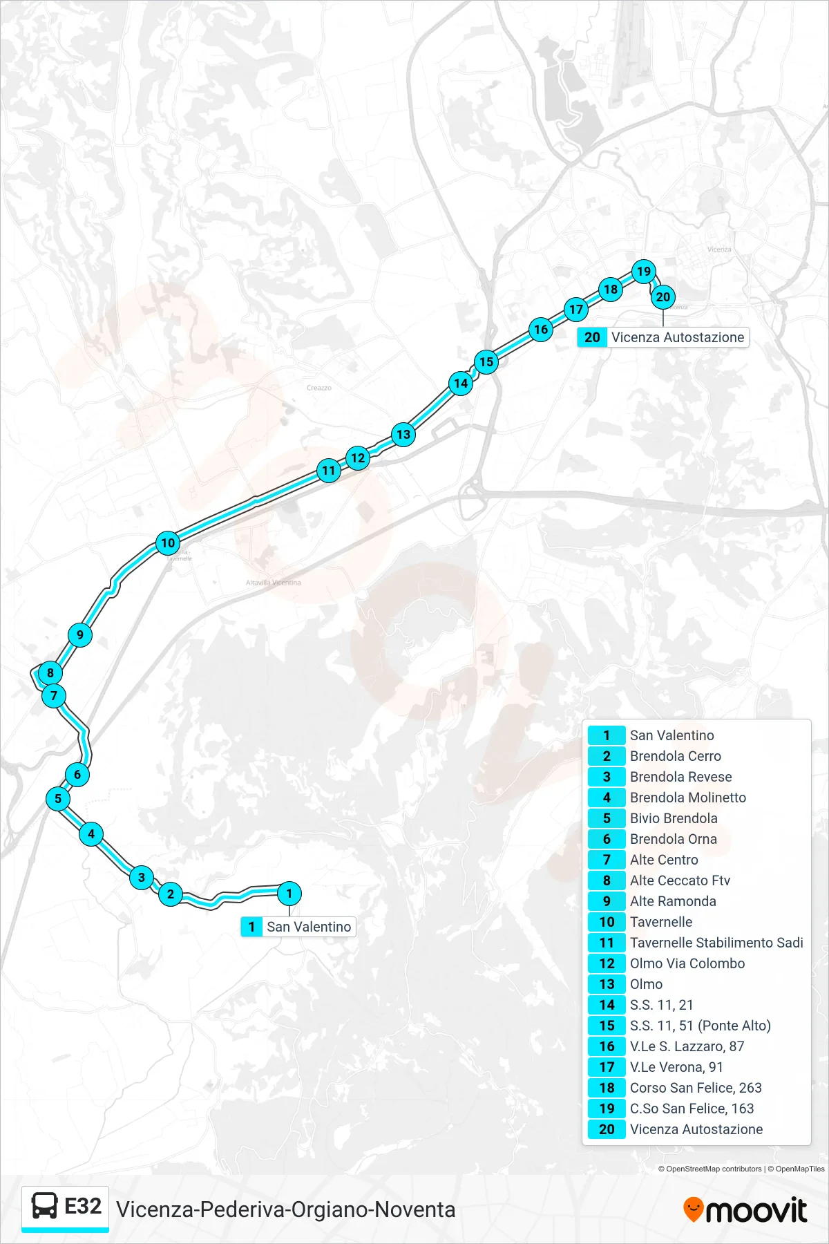 Linea E32  bus (San Valentino > Vicenza Autostazione) - Percorsi e fermate sulla mappa