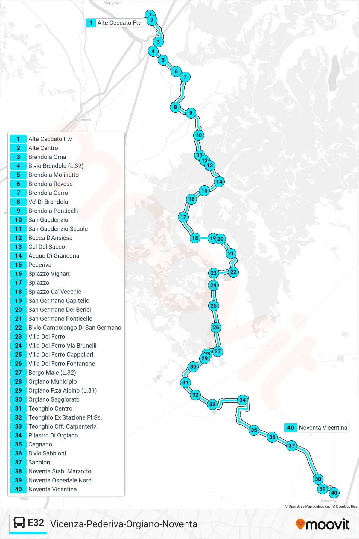 Linea E32  bus (Alte Ceccato Ftv > Noventa Vicentina) - Percorsi e fermate sulla mappa