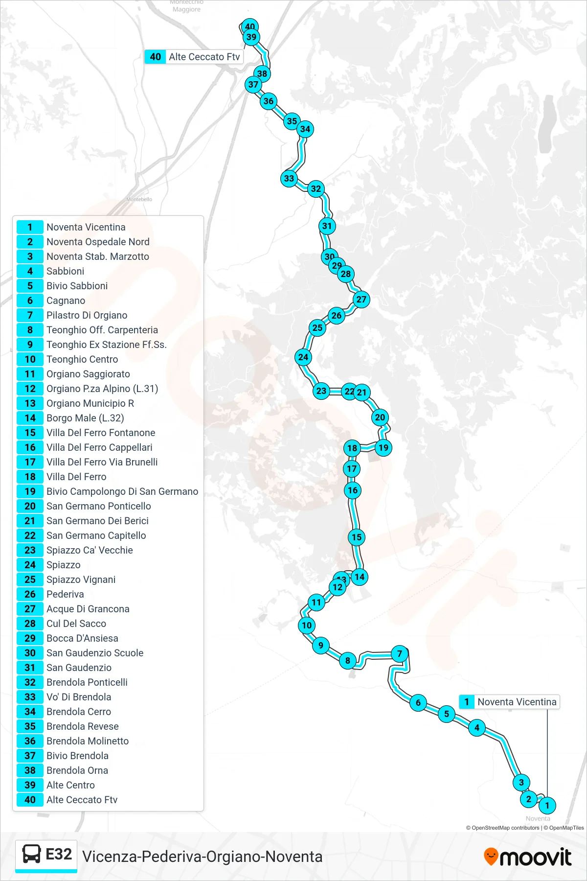 Linea E32  bus (Noventa Vicentina > Alte Ceccato Ftv) - Percorsi e fermate sulla mappa