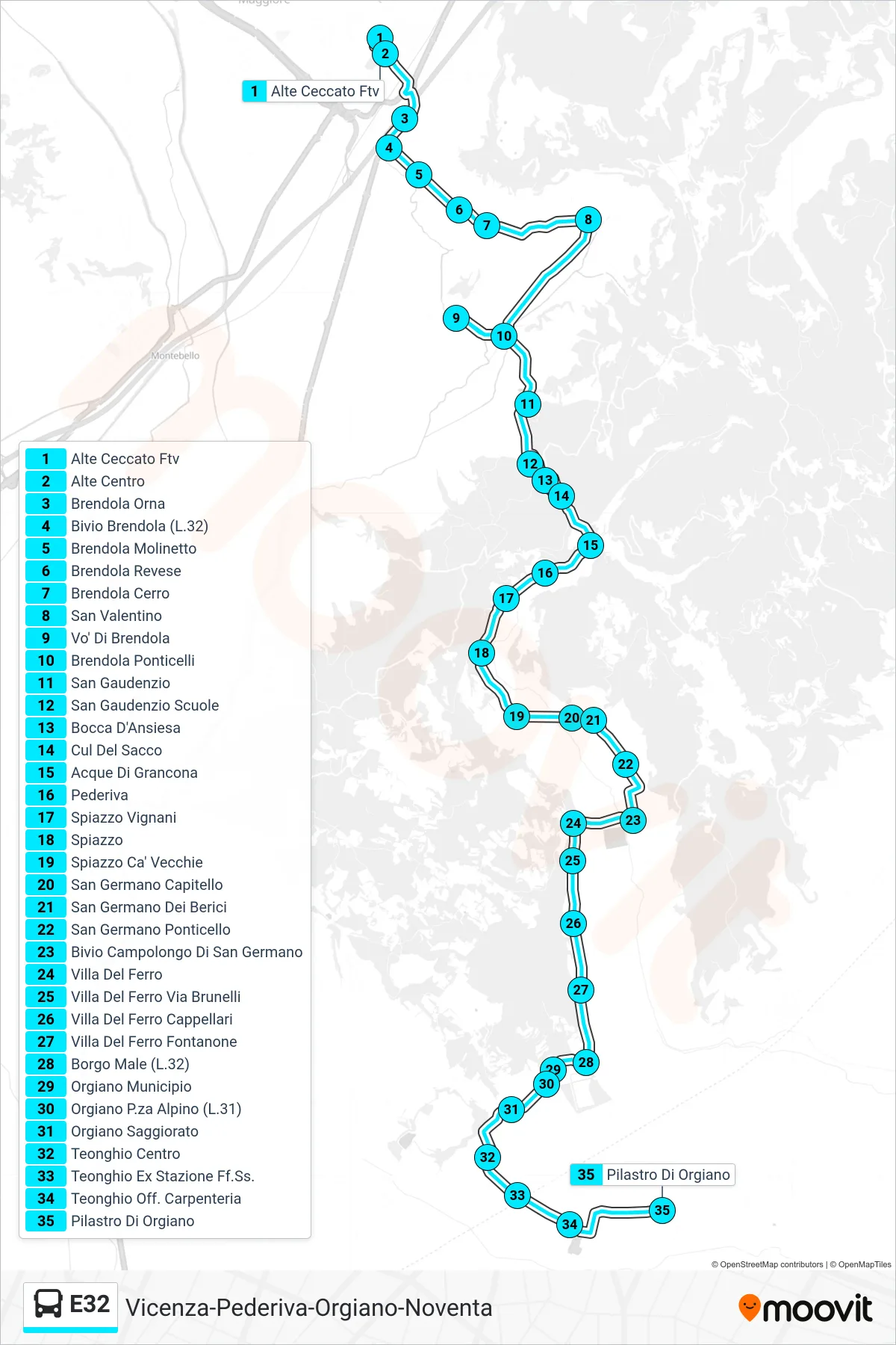 Linea E32 bus (Alte Ceccato Ftv > San Valentino > Pilastro Di Orgiano) - Percorsi e fermate sulla mappa