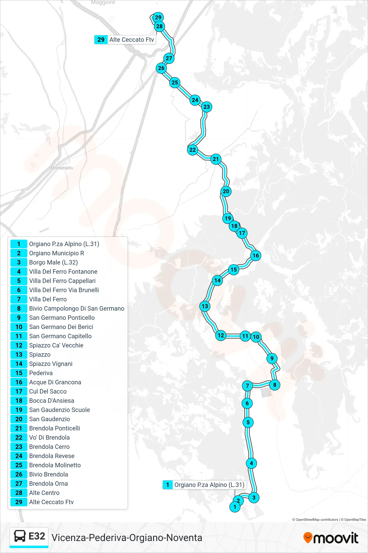 Linea E32  bus (Orgiano Centro > Alte Ceccato Ftv) - Percorsi e fermate sulla mappa