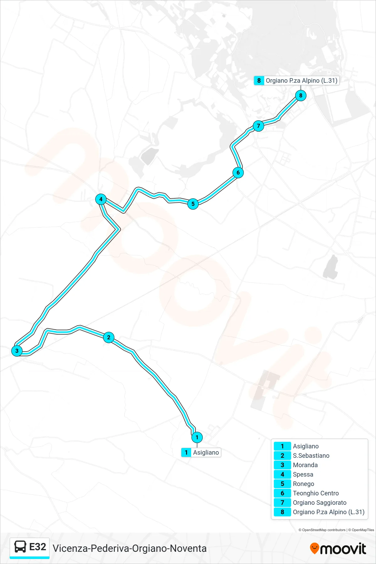 Linea E32 bus (Asigliano > Teonghio > Orgiano Centro) - Percorsi e fermate sulla mappa
