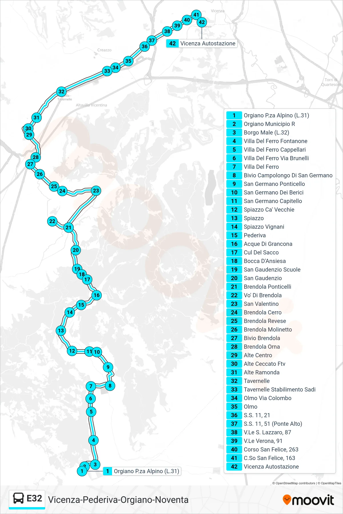 Linea E32 bus (Orgiano Centro > San Valentino > Vicenza Autostazione) - Percorsi e fermate sulla mappa