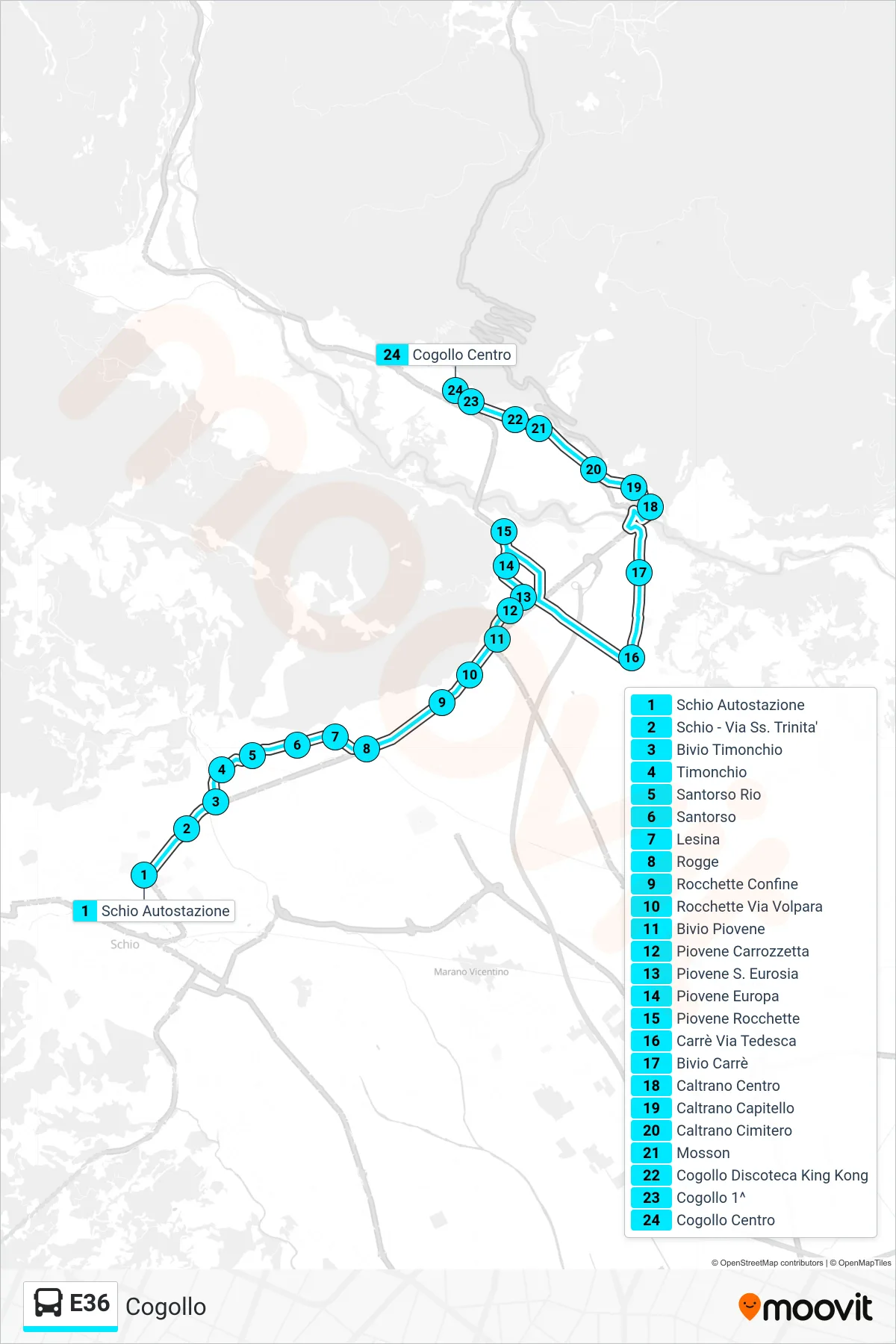 Linea E36 bus (Cogollo) - Percorsi e fermate sulla mappa