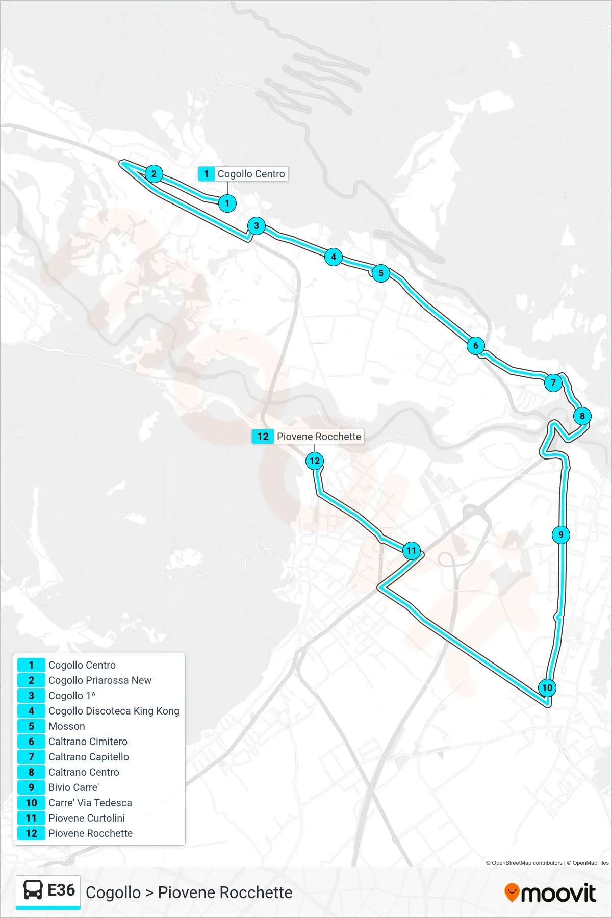 Linea E36 bus (Cogollo > Piovene Rocchette) - Percorsi e fermate sulla mappa