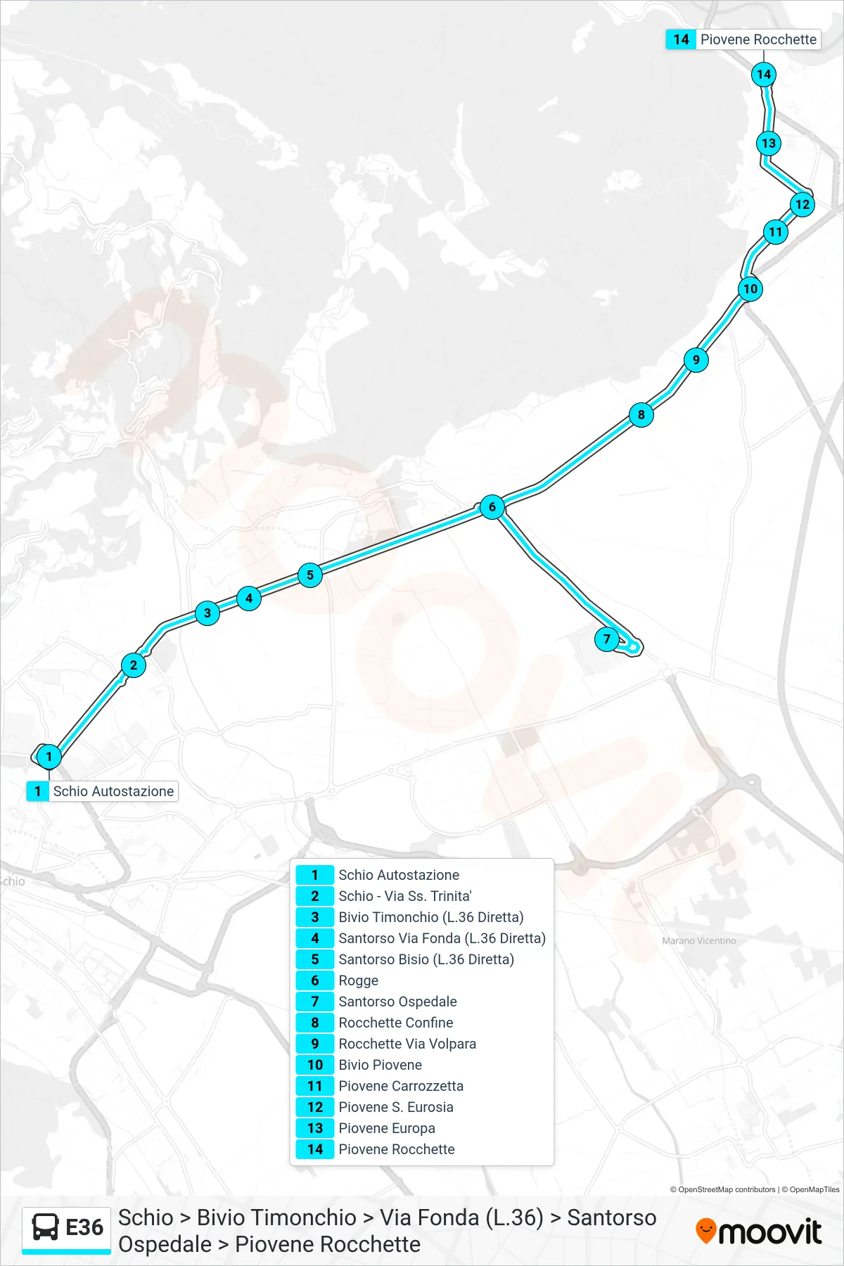 Linea E36 bus (Schio > Bivio Timonchio > Via Fonda (L.36) > Santorso Ospedale > Piovene Rocchette) - Percorsi e fermate sulla mappa