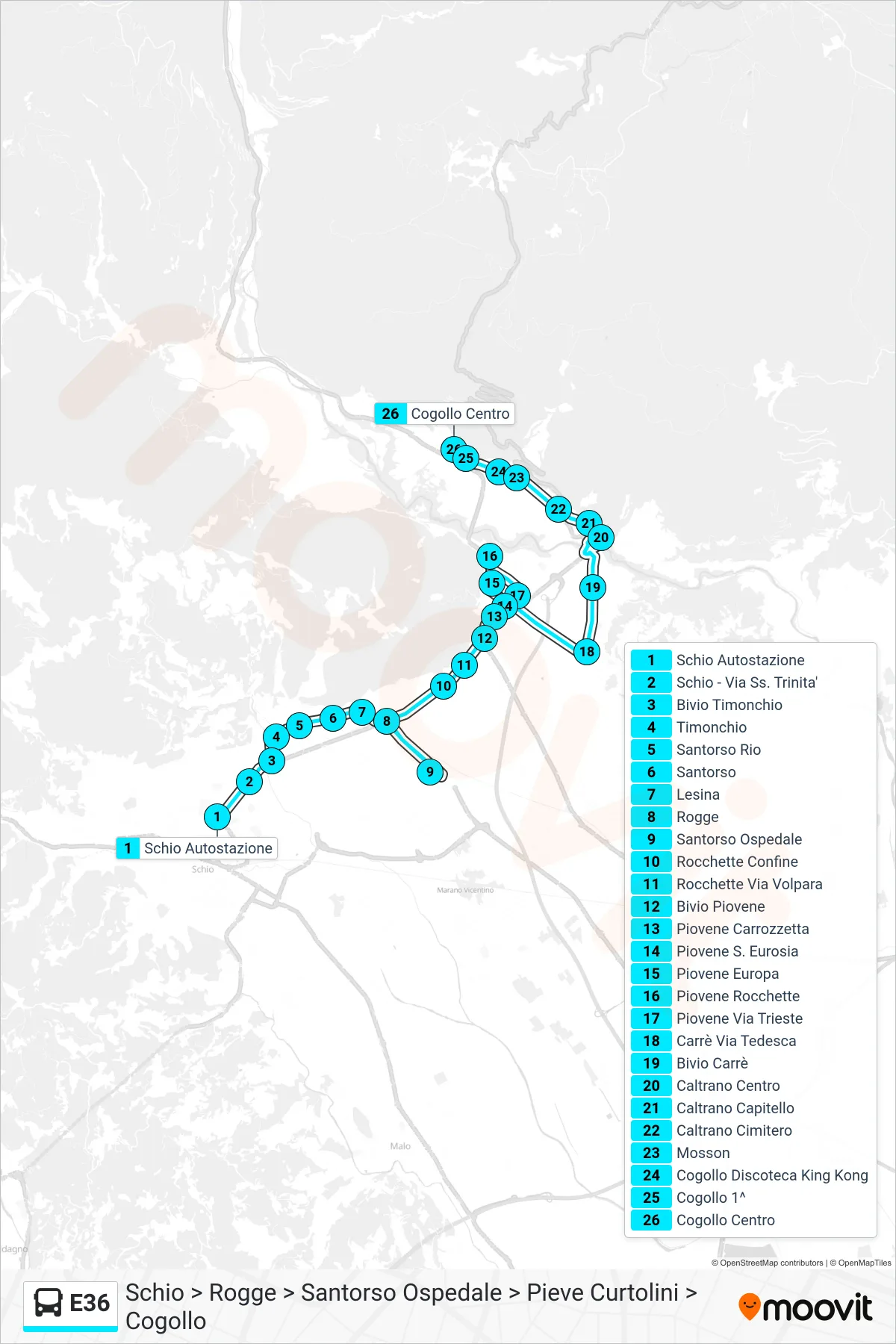 Linea E36 bus (Schio > Rogge > Santorso Ospedale > Pieve Curtolini > Cogollo) - Percorsi e fermate sulla mappa