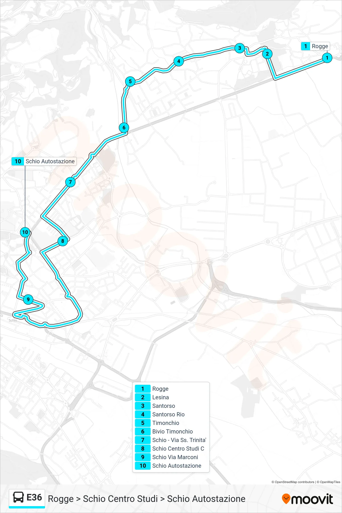 Linea E36 bus (Rogge > Schio Centro Studi > Schio Autostazione) - Percorsi e fermate sulla mappa