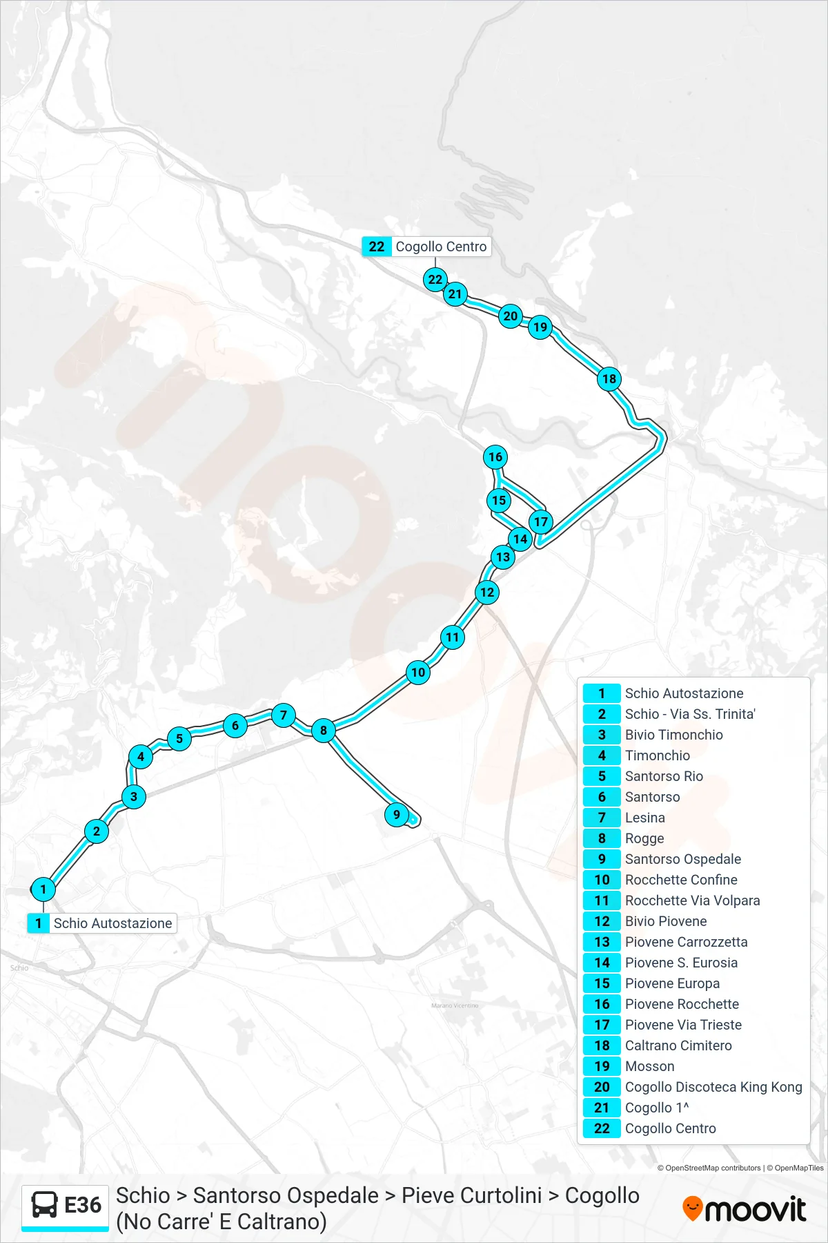Linea E36 bus (Schio > Santorso Ospedale > Pieve Curtolini > Cogollo (No Carre' E Caltrano)) - Percorsi e fermate sulla mappa