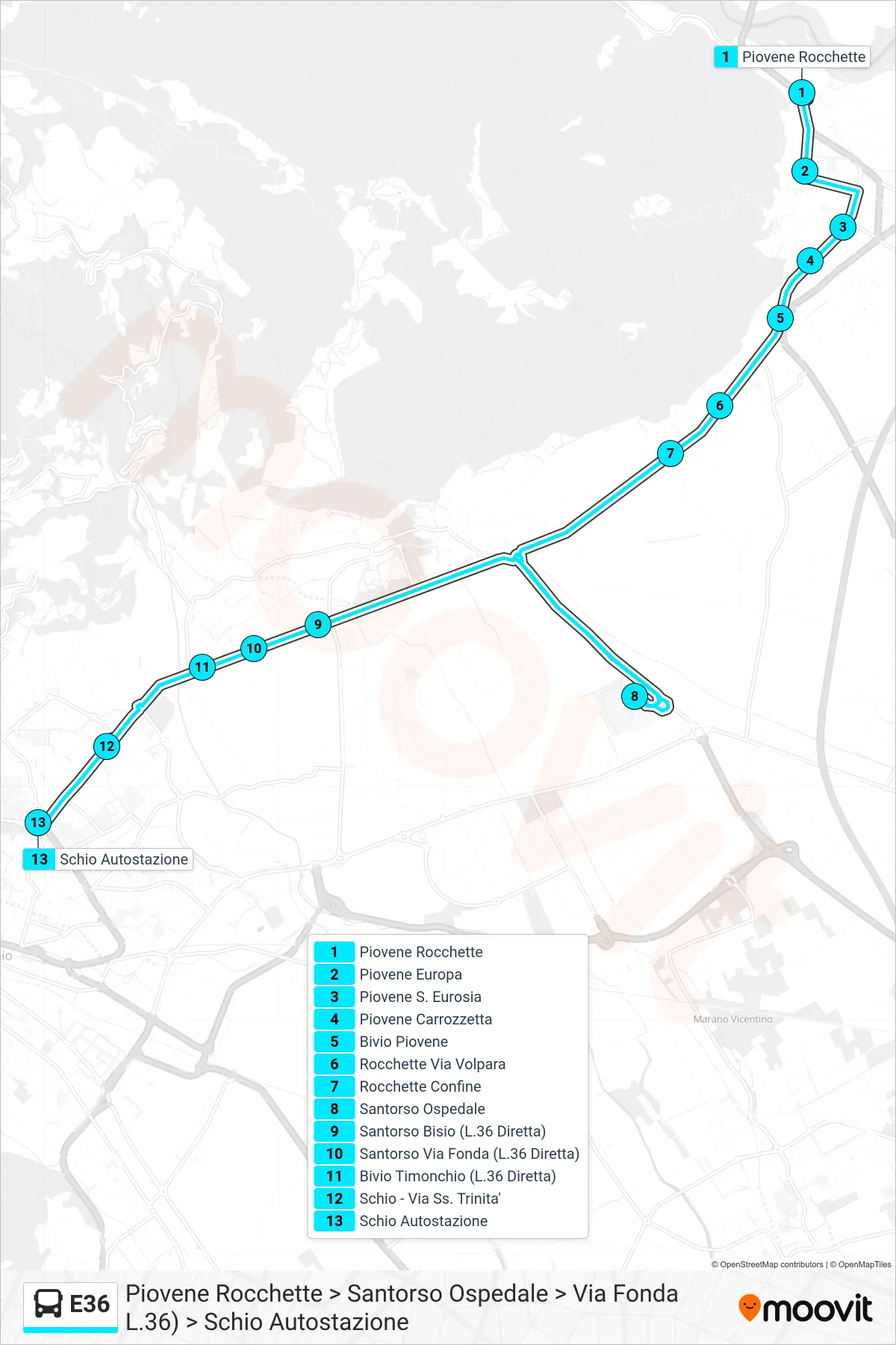 Linea E36 bus (Piovene Rocchette > Santorso Ospedale > Via Fonda L.36) > Schio Autostazione) - Percorsi e fermate sulla mappa