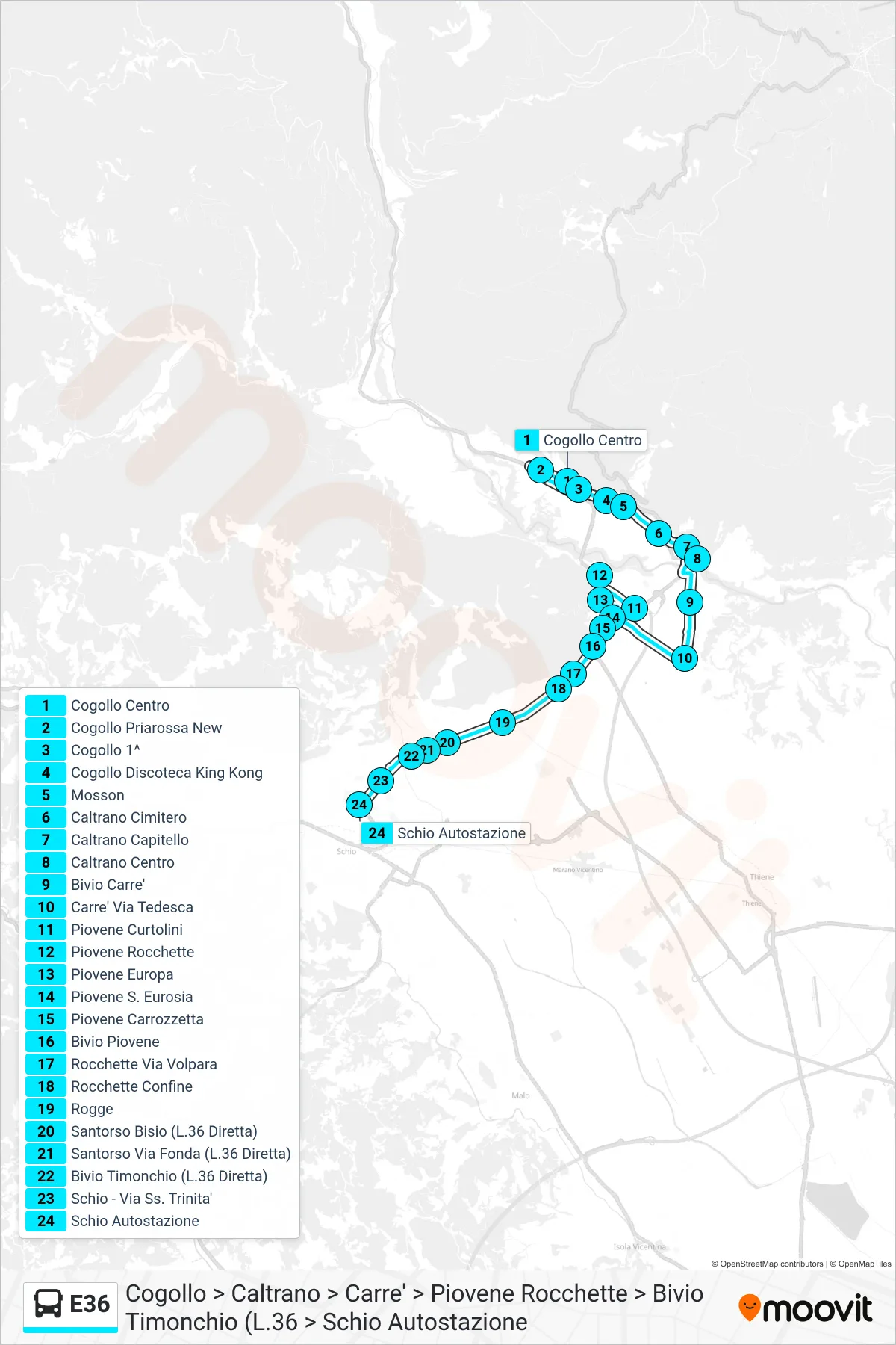 Linea E36  bus (Cogollo > Caltrano > Carre' > Piovene Rocchette > Bivio Timonchio (L.36 > Schio Autostazione) - Percorsi e fermate sulla mappa