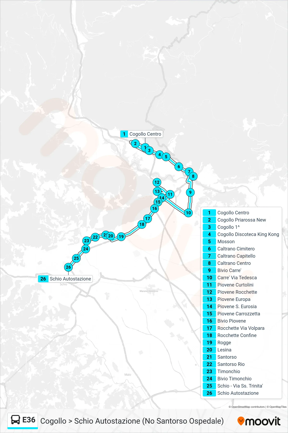 Linea E36 bus (Cogollo > Schio Autostazione (No Santorso Ospedale)) - Percorsi e fermate sulla mappa