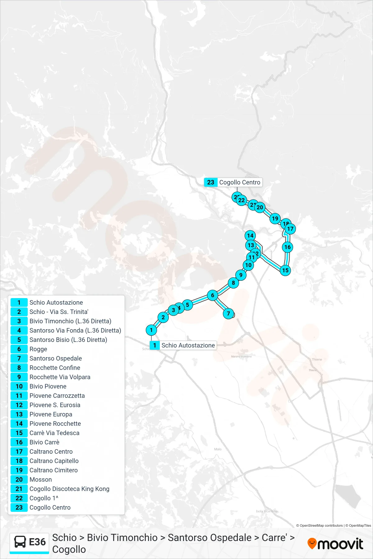 Linea E36  bus (Schio > Bivio Timonchio > Santorso Ospedale > Carre' > Cogollo) - Percorsi e fermate sulla mappa