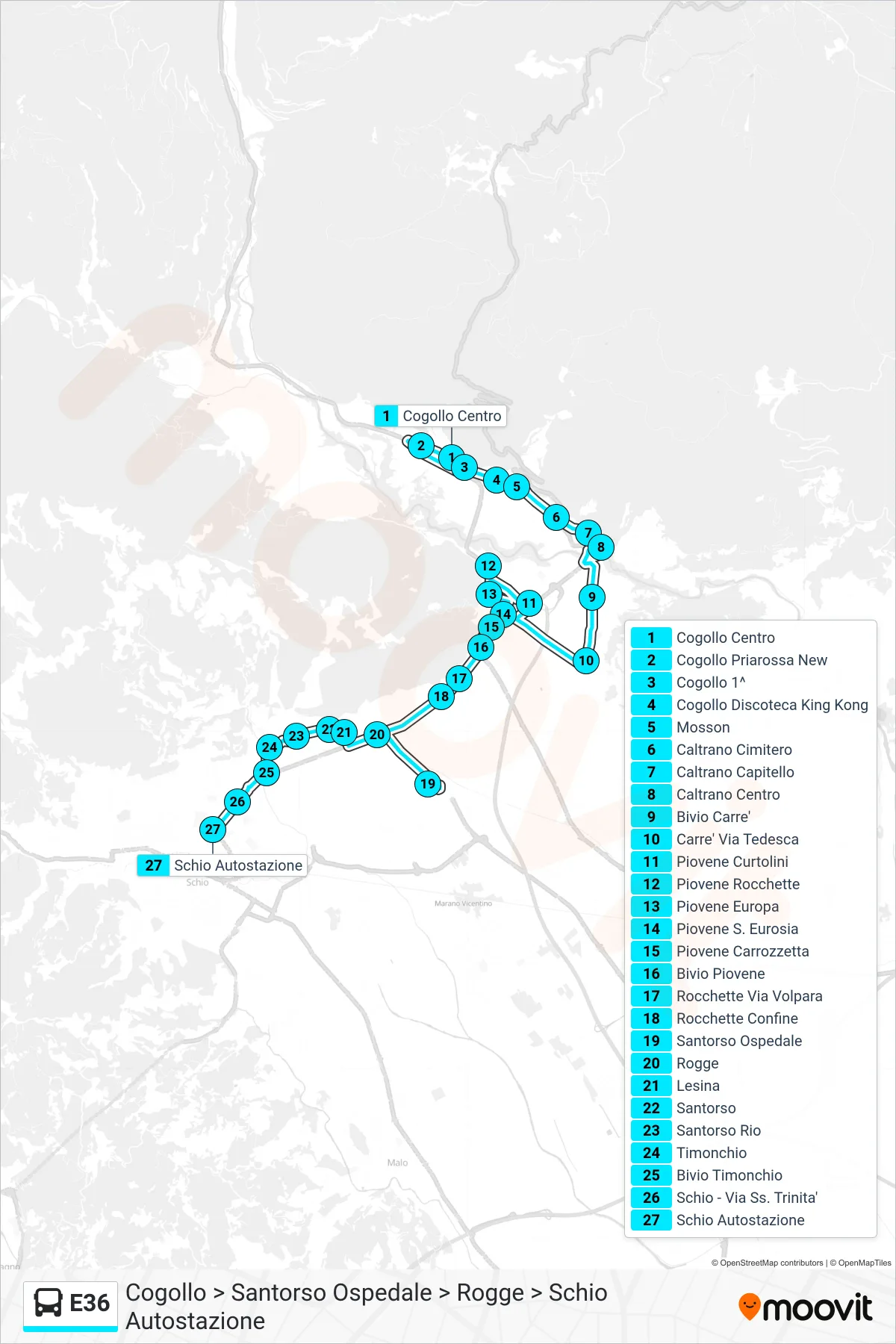 Linea E36 bus (Cogollo > Santorso Ospedale > Rogge > Schio Autostazione) - Percorsi e fermate sulla mappa