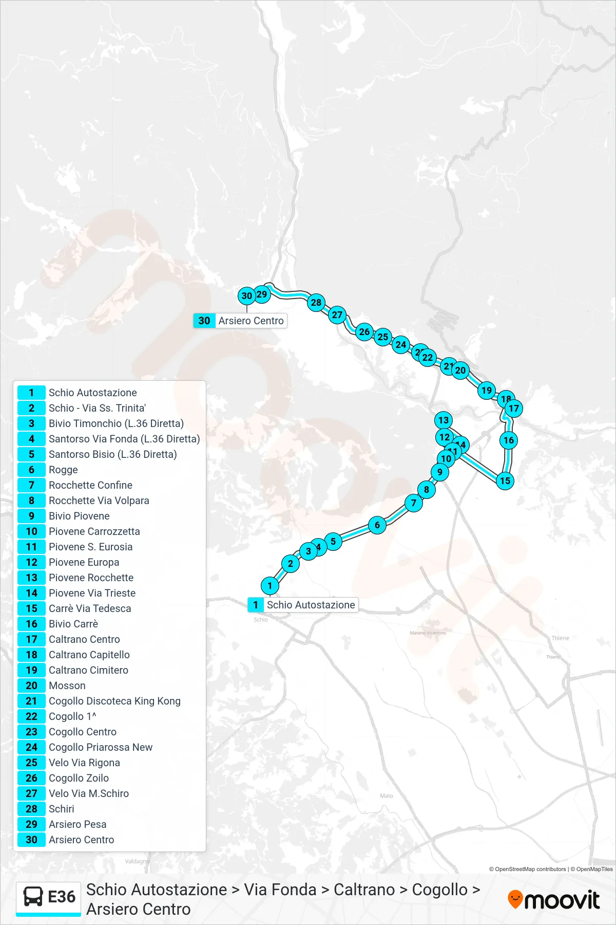 Linea E36  bus (Schio Autostazione > Via Fonda > Caltrano > Cogollo > Arsiero Centro) - Percorsi e fermate sulla mappa