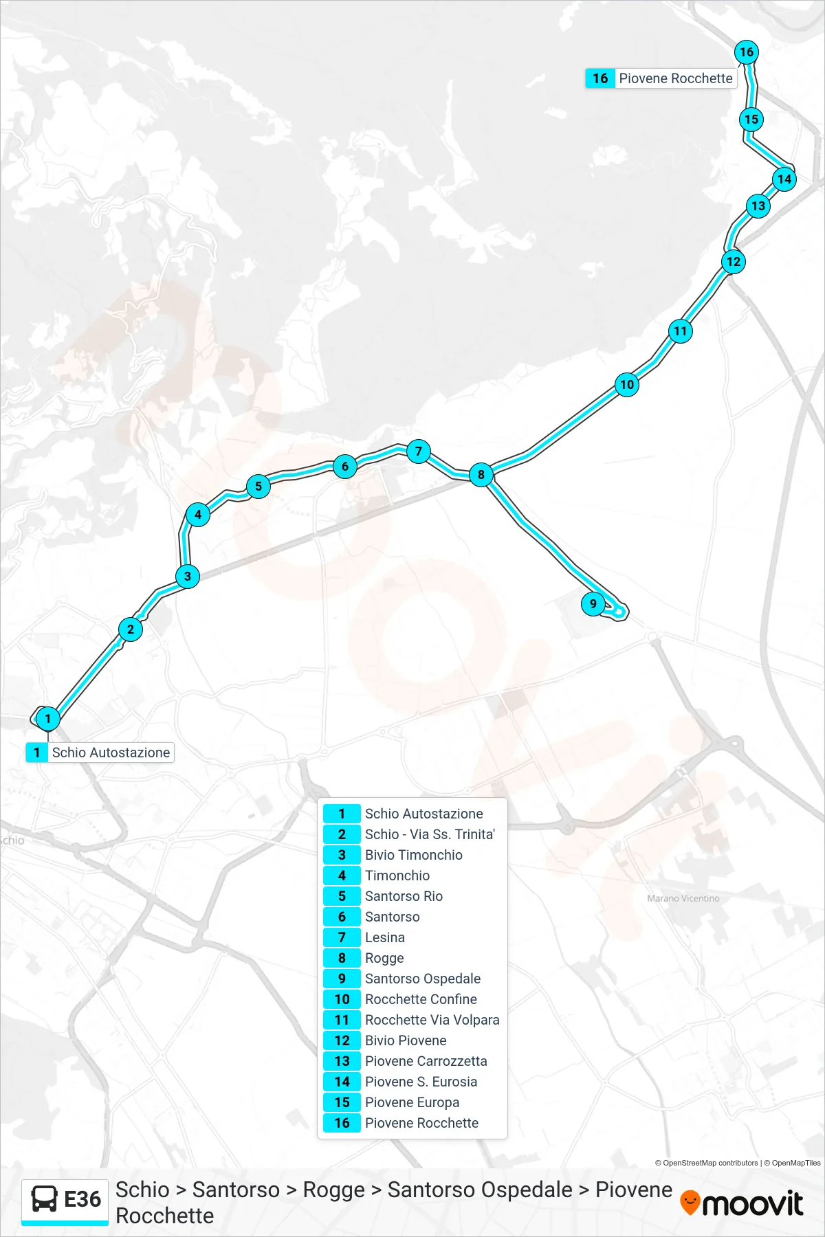 Linea E36 bus (Schio > Santorso > Rogge > Santorso Ospedale > Piovene Rocchette) - Percorsi e fermate sulla mappa