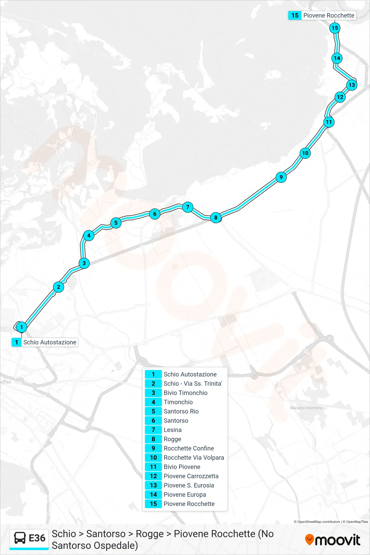 Linea E36 bus (Schio > Santorso > Rogge > Piovene Rocchette (No Santorso Ospedale)) - Percorsi e fermate sulla mappa