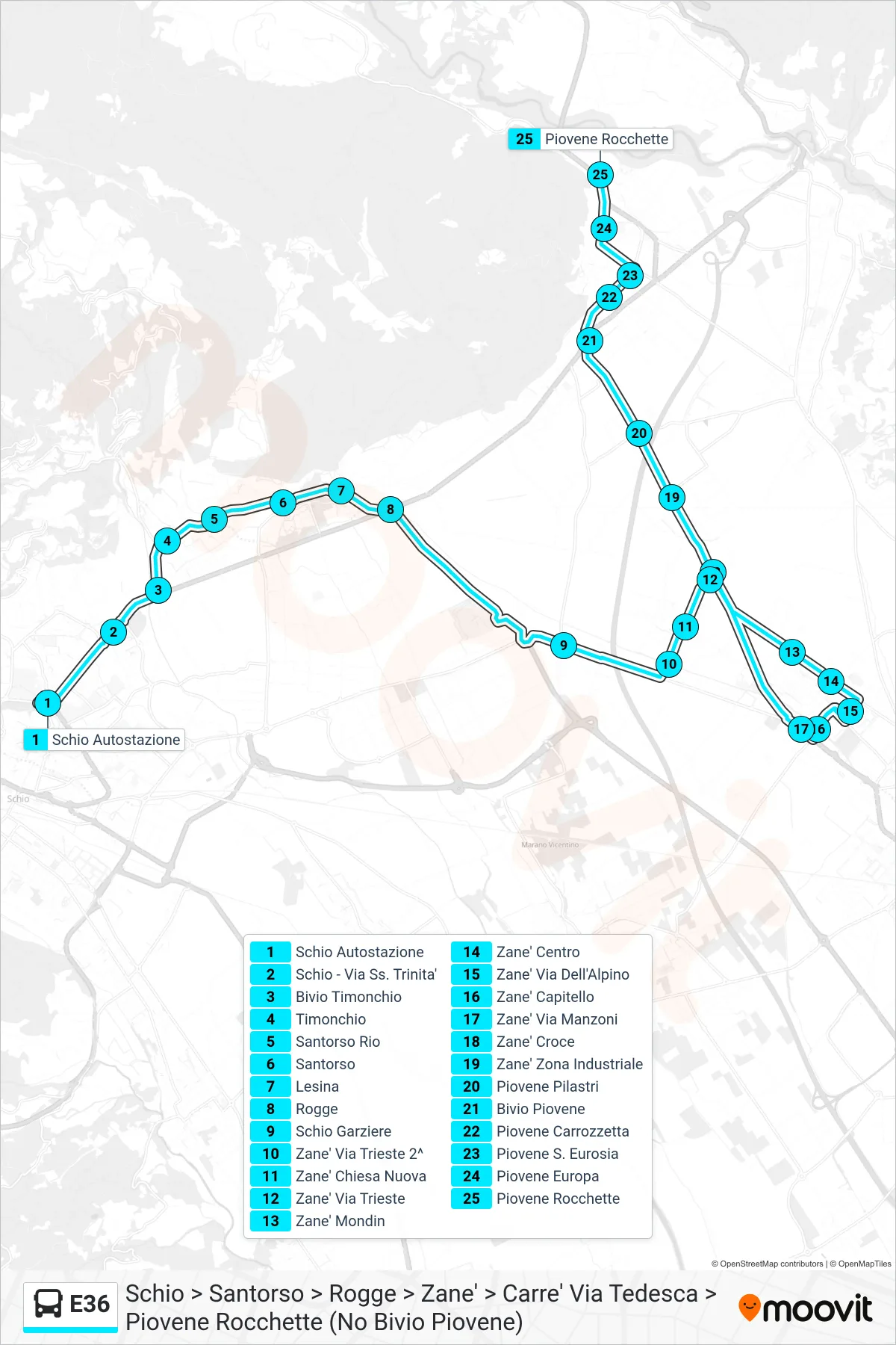Linea E36 bus (Schio > Santorso > Rogge > Zane' > Carre' Via Tedesca > Piovene Rocchette (No Bivio Piovene)) - Percorsi e fermate sulla mappa