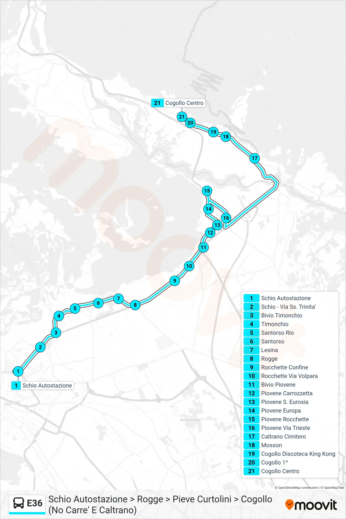 Linea E36 bus (Schio Autostazione > Rogge > Pieve Curtolini > Cogollo (No Carre' E Caltrano)) - Percorsi e fermate sulla mappa