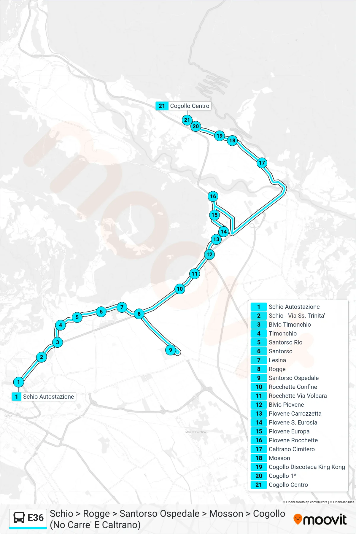 Linea E36  bus (Schio > Rogge > Santorso Ospedale > Mosson > Cogollo (No Carre' E Caltrano)) - Percorsi e fermate sulla mappa