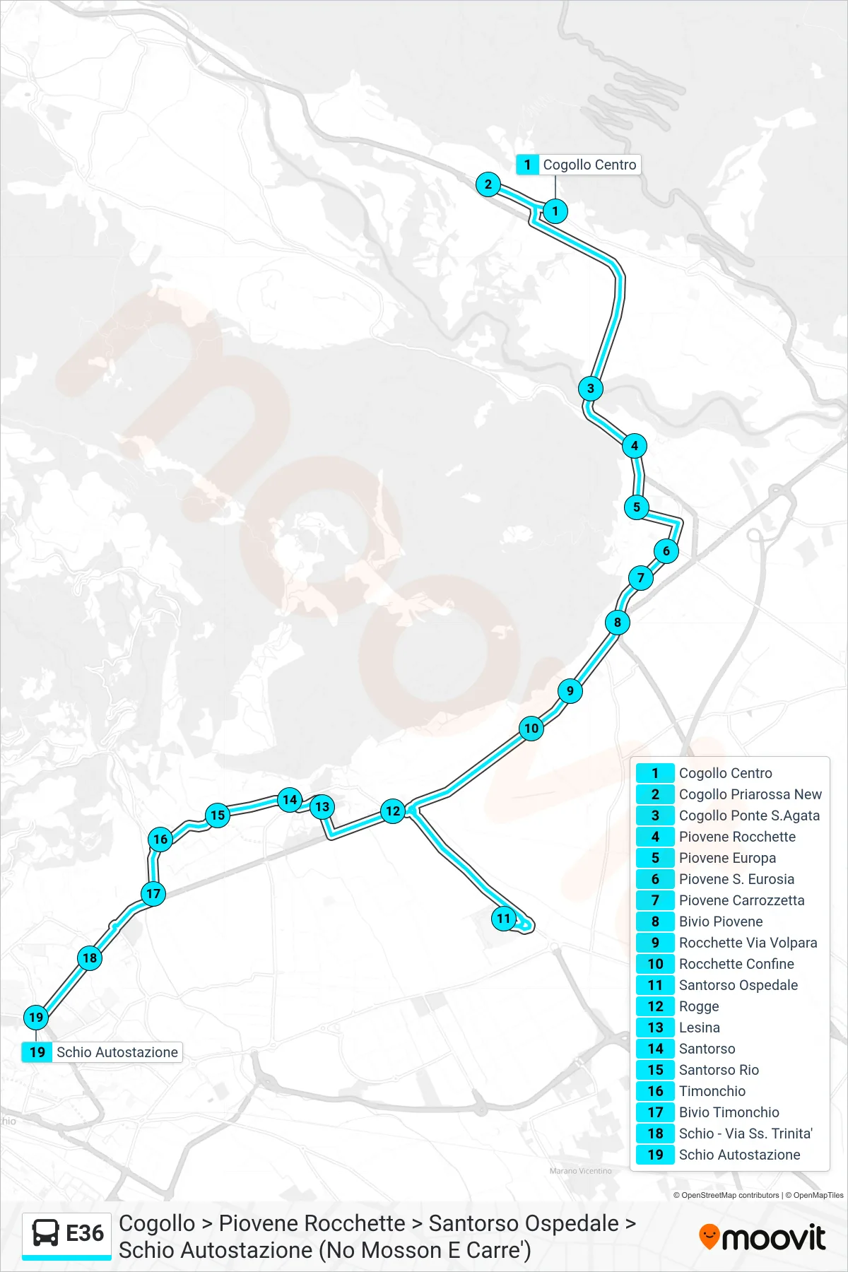 Linea E36 bus (Cogollo > Piovene Rocchette > Santorso Ospedale > Schio Autostazione (No Mosson E Carre')) - Percorsi e fermate sulla mappa