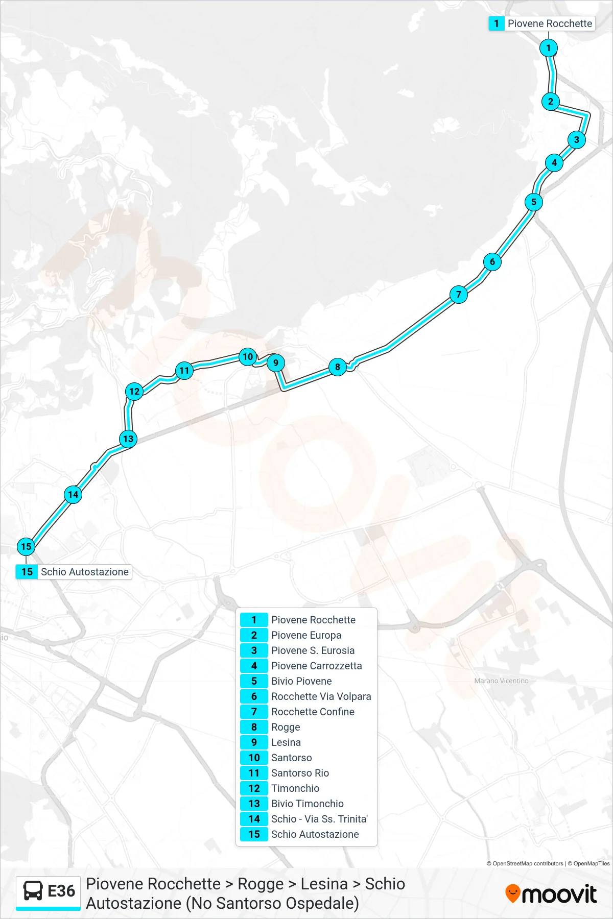 Linea E36 bus (Piovene Rocchette > Rogge > Lesina > Schio Autostazione (No Santorso Ospedale)) - Percorsi e fermate sulla mappa