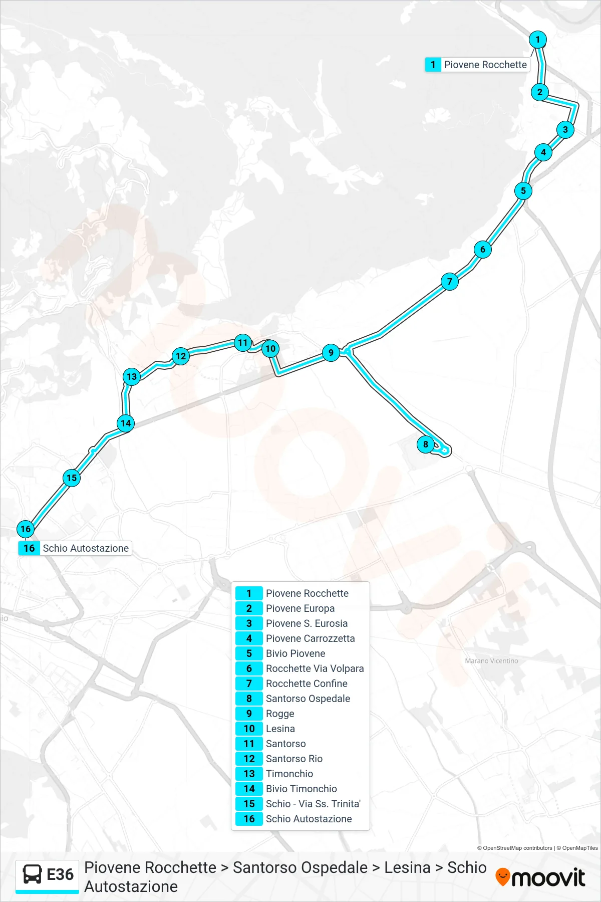 Linea E36 bus (Piovene Rocchette > Santorso Ospedale > Lesina > Schio Autostazione) - Percorsi e fermate sulla mappa