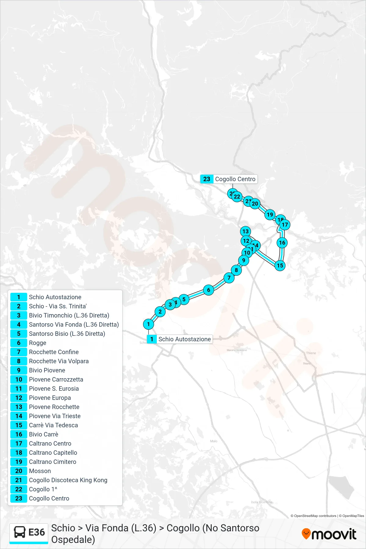 Linea E36 bus (Schio > Via Fonda (L.36) > Cogollo (No Santorso Ospedale)) - Percorsi e fermate sulla mappa
